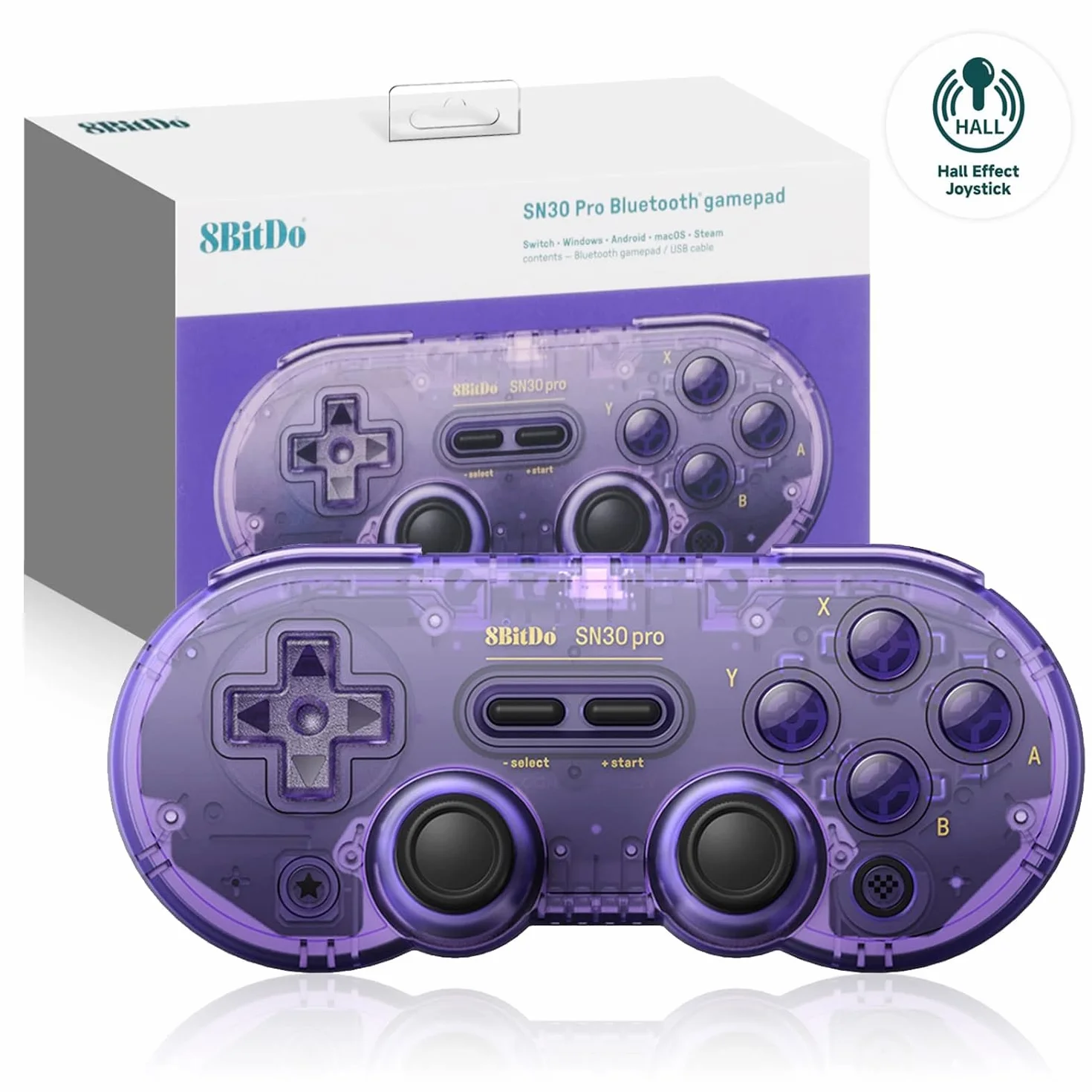 LONGYI 8BitDo SN30 Pro kontroler Bluetooth, joysticki z efektem Halla, wibracje Rumble i kabel USB-C, retro Gamepad do Switch 2 / Switch, Windows, Mac OS, Android, Steam Deck, fioletowy