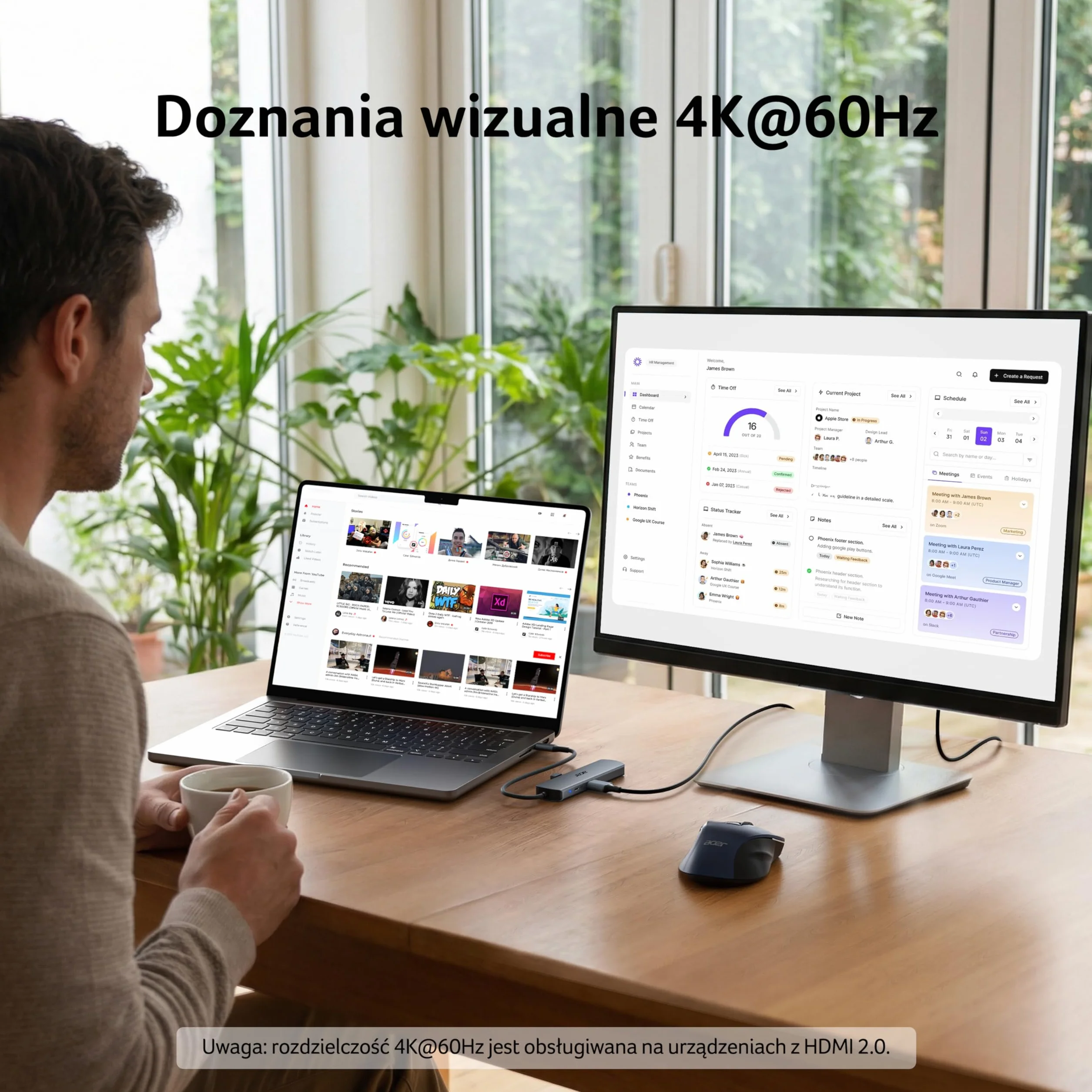 Acer Koncentrator USB C z Ethernetem 1000 Mbps, HDMI 4K@60Hz, 1×USB-C 5Gbps, 2×USB-A 3.0, Type-C 100W PD, Stacja Dokująca do iPhone 17/16, MacBook iPad Pro/Air, Mac mini M4, Surface, Galaxy S25 itp.