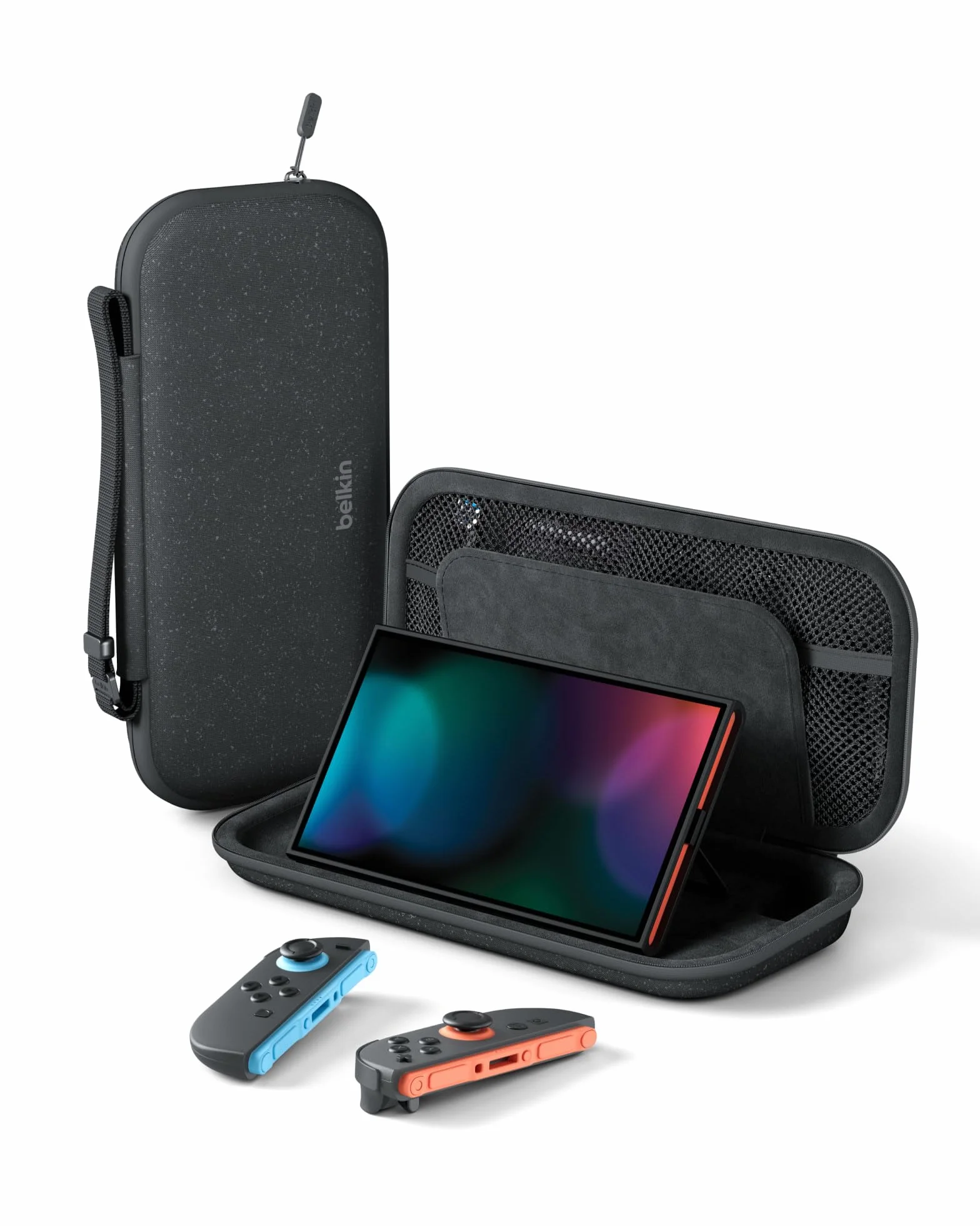 Etui podróżne Belkin Nintendo Switch 2 z uchwytem AirTag i kieszenią na kartridże z grą – lekka, twarda obudowa z miękką wyściółką, podróżowanie podczas grania – antracyt