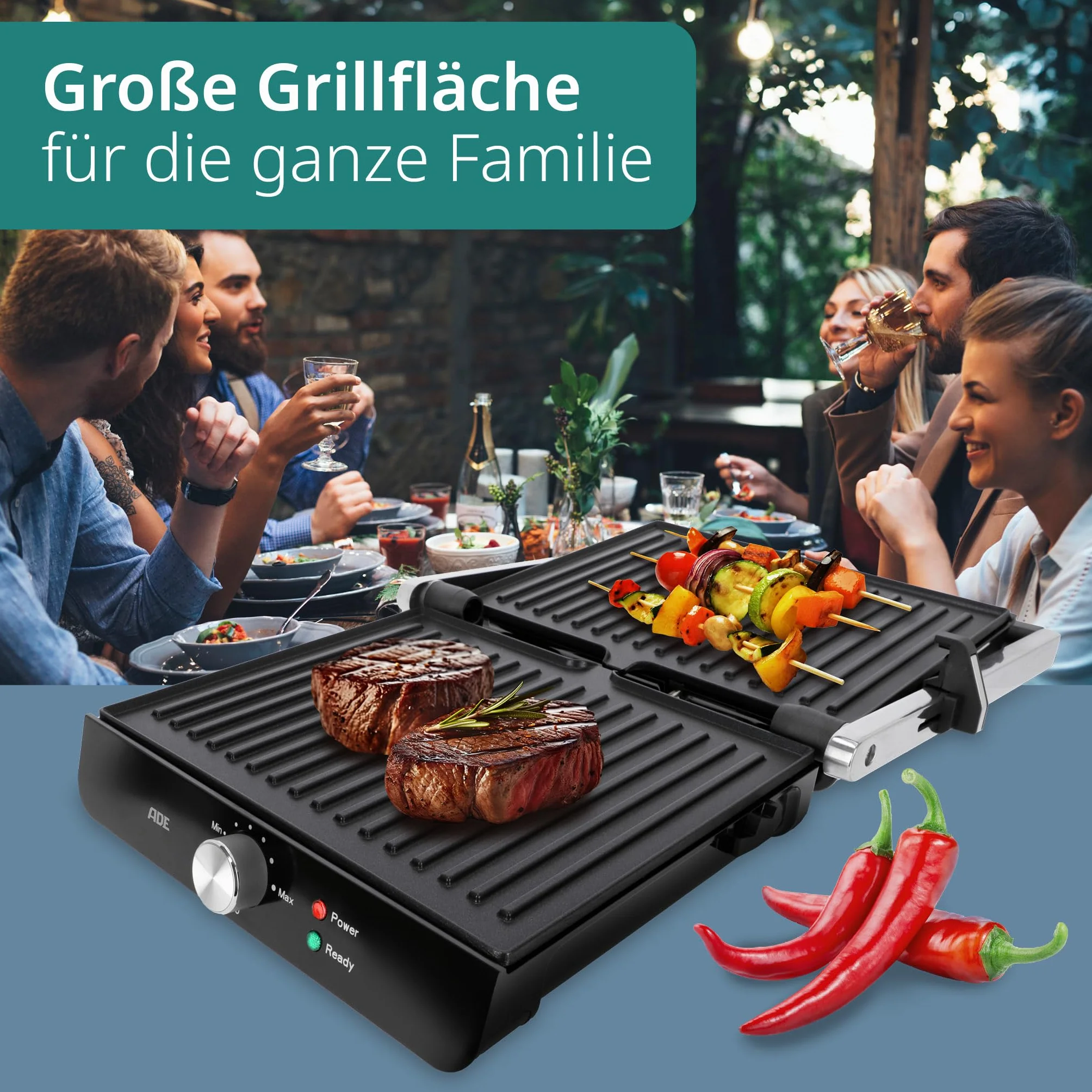 ADE Grill kontaktowy 2000 W elektryczny 3 w 1 składany 180° do kanapek