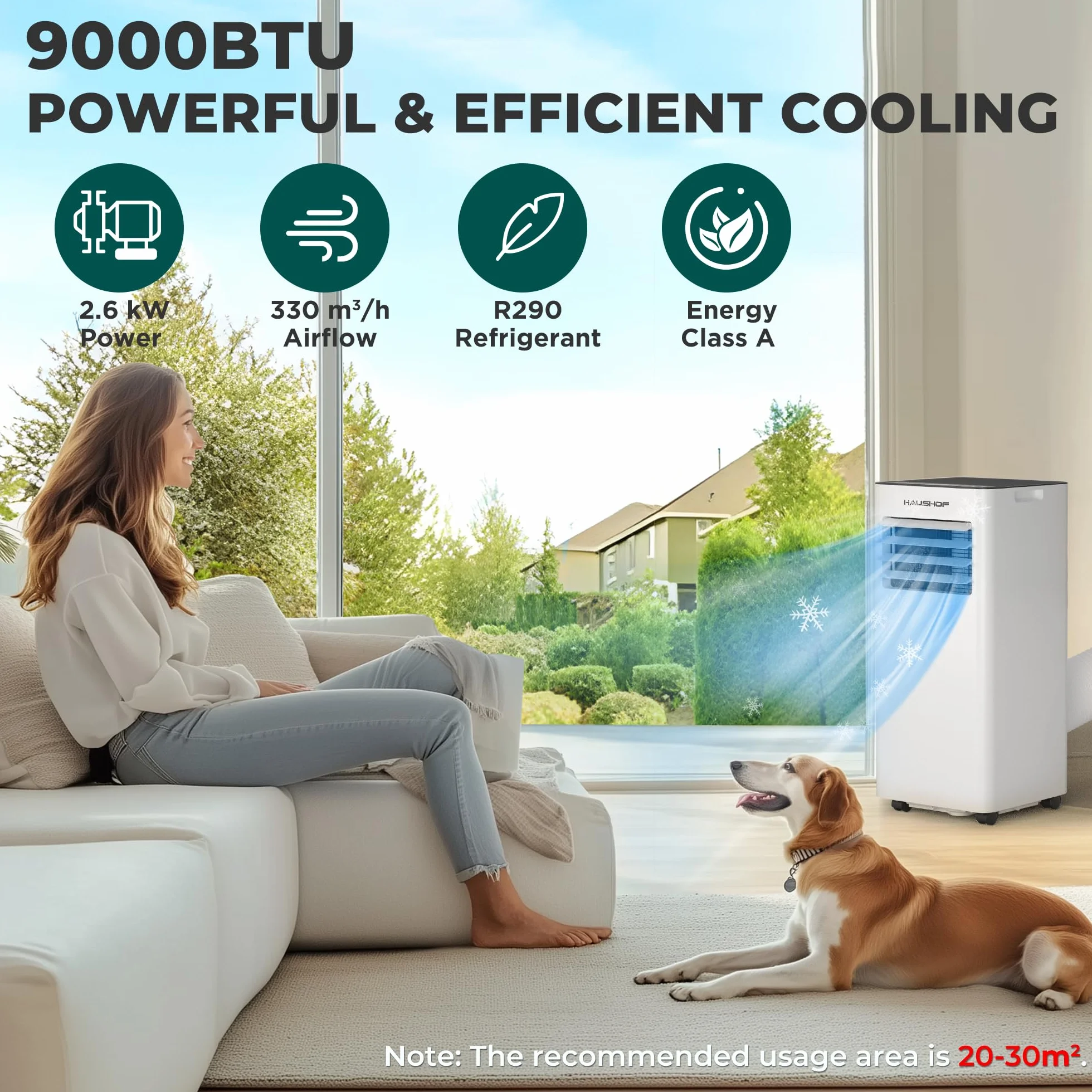 HAUSHOF klimatyzator mobilny 9000 BTU 4 w 1 chłodzenie osuszacz do 33 m²