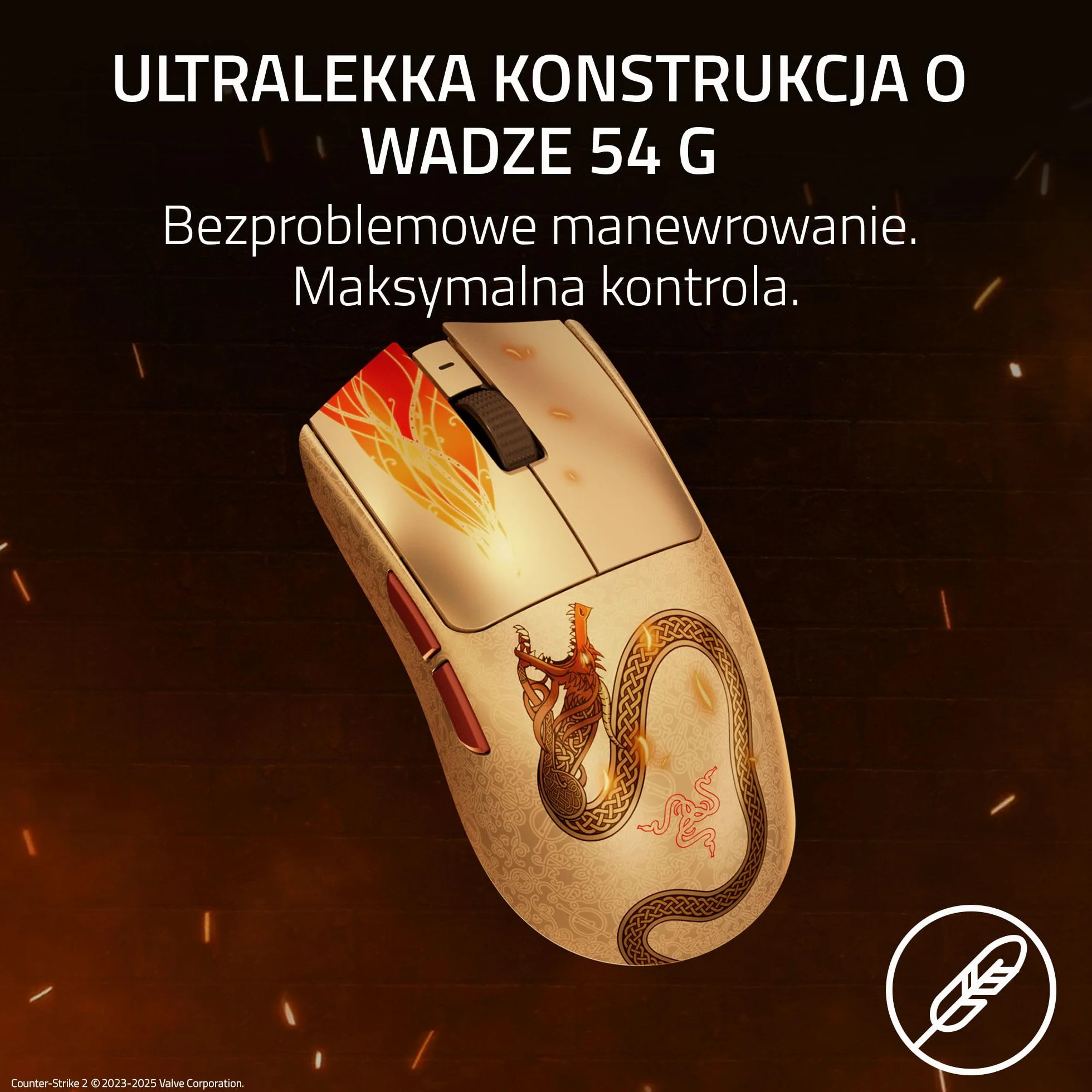 Razer Viper V3 Pro Counter-Strike 2 Dragon Lore - Ultralekka bezprzewodowa mysz do e-sportu - 55g - 8K HyperPolling - Czujnik Focus Pro 35K DPI - 2,4 GHz HyperSpeed - 95 godzin - PC/Mac | Dragon Lore