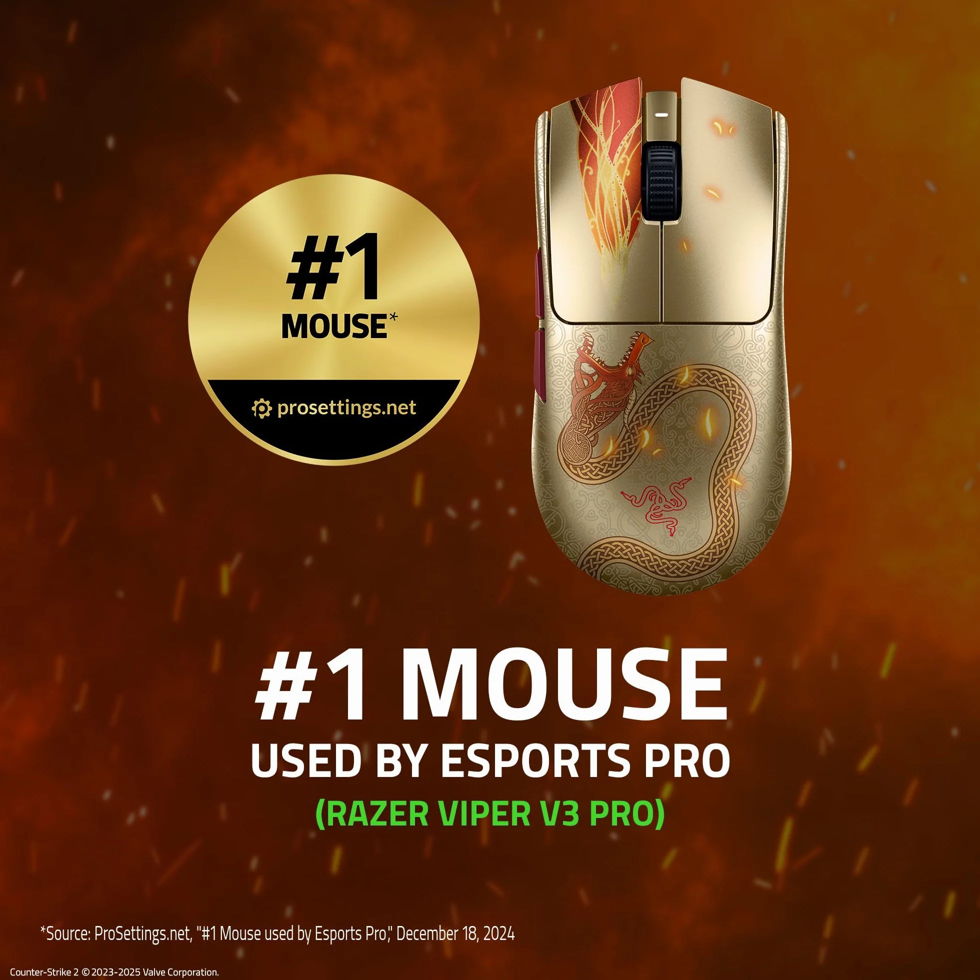 Razer Viper V3 Pro Counter-Strike 2 Dragon Lore - Ultralekka bezprzewodowa mysz do e-sportu - 55g - 8K HyperPolling - Czujnik Focus Pro 35K DPI - 2,4 GHz HyperSpeed - 95 godzin - PC/Mac | Dragon Lore