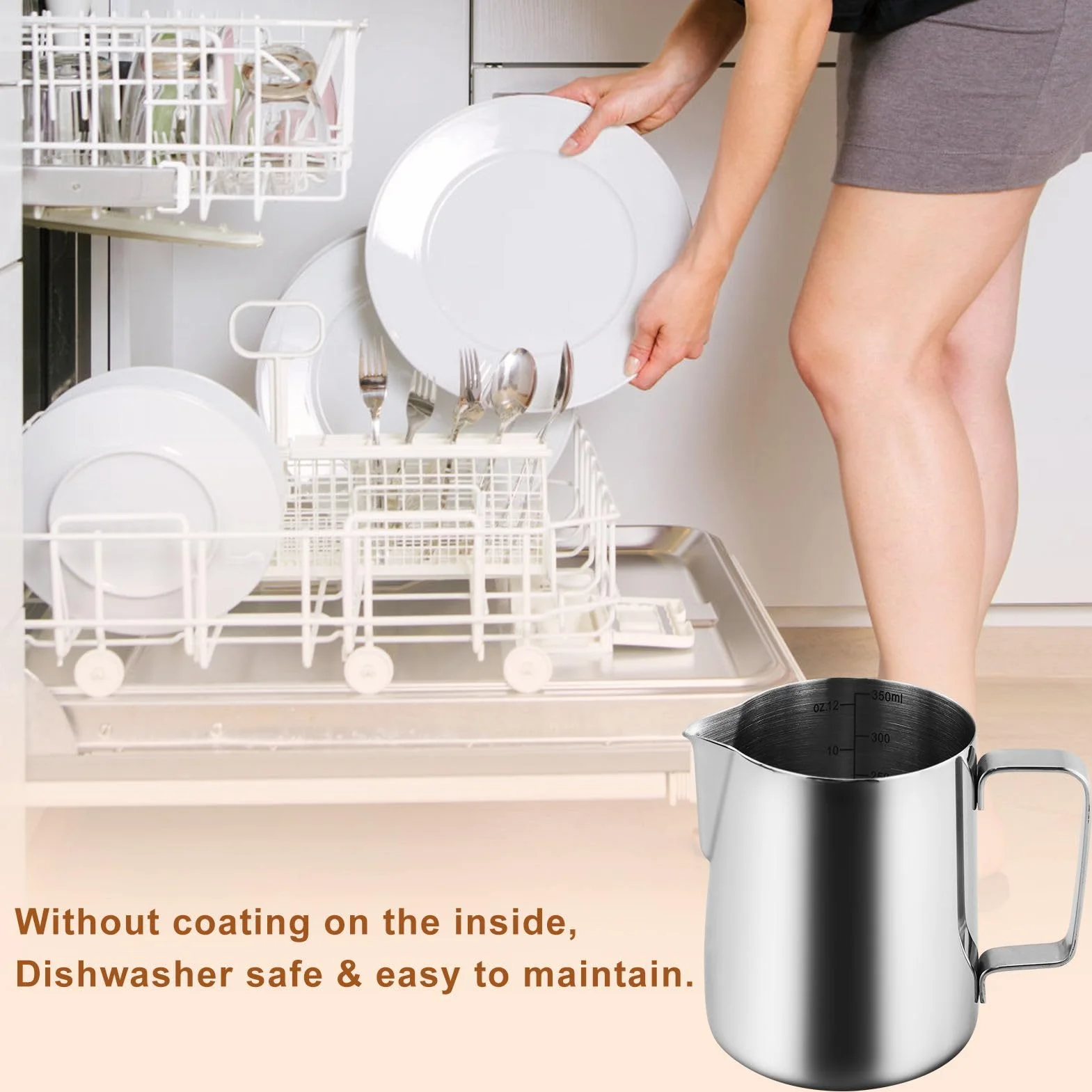 Metalowy spieniacz do mleka 350 ml z piórem Latte Art i 16 plastikowymi szablonami do kawy, dzbanek do gotowania na parze ze stali nierdzewnej 304 zawiera wewnętrzne linie pomiarowe, dzbanek do