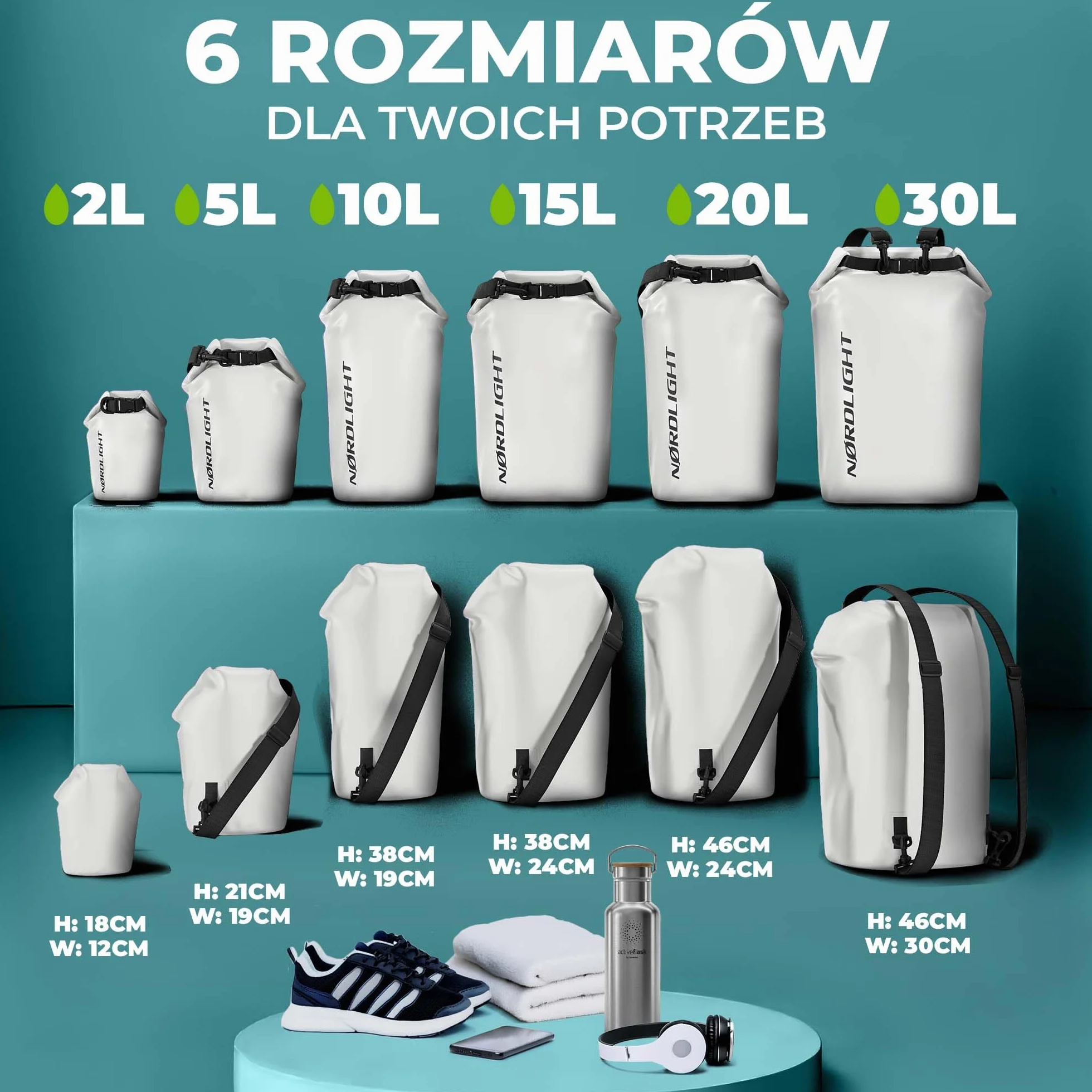 Nordlight Wodoodporna torba sucha Dry Bag 15L - (Biały) Zapięcie roll-top i pasek na ramię | Pływanie, kąpiele, plaża, spływy kajakowe, wiosłowanie na stojąco, nurkowanie