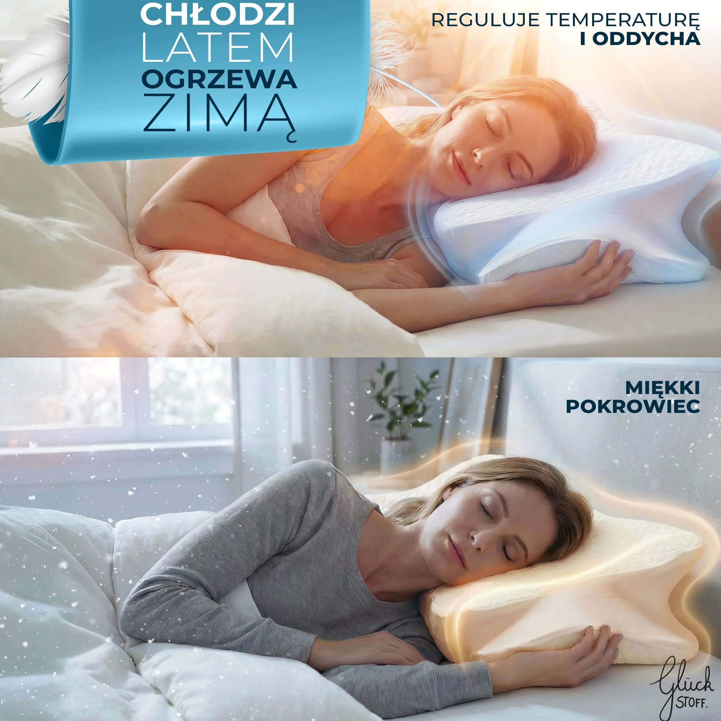 GLÜCKSTOFF® Poszewka na poduszkę ergonomiczną [Z EFEKTEM CHŁODZENIA I CIEPŁA] z włókien bambusowych i spandeksu | Miękka i Przytulna | Poszewka Zapasowa | Biała | Wersja: Ergo