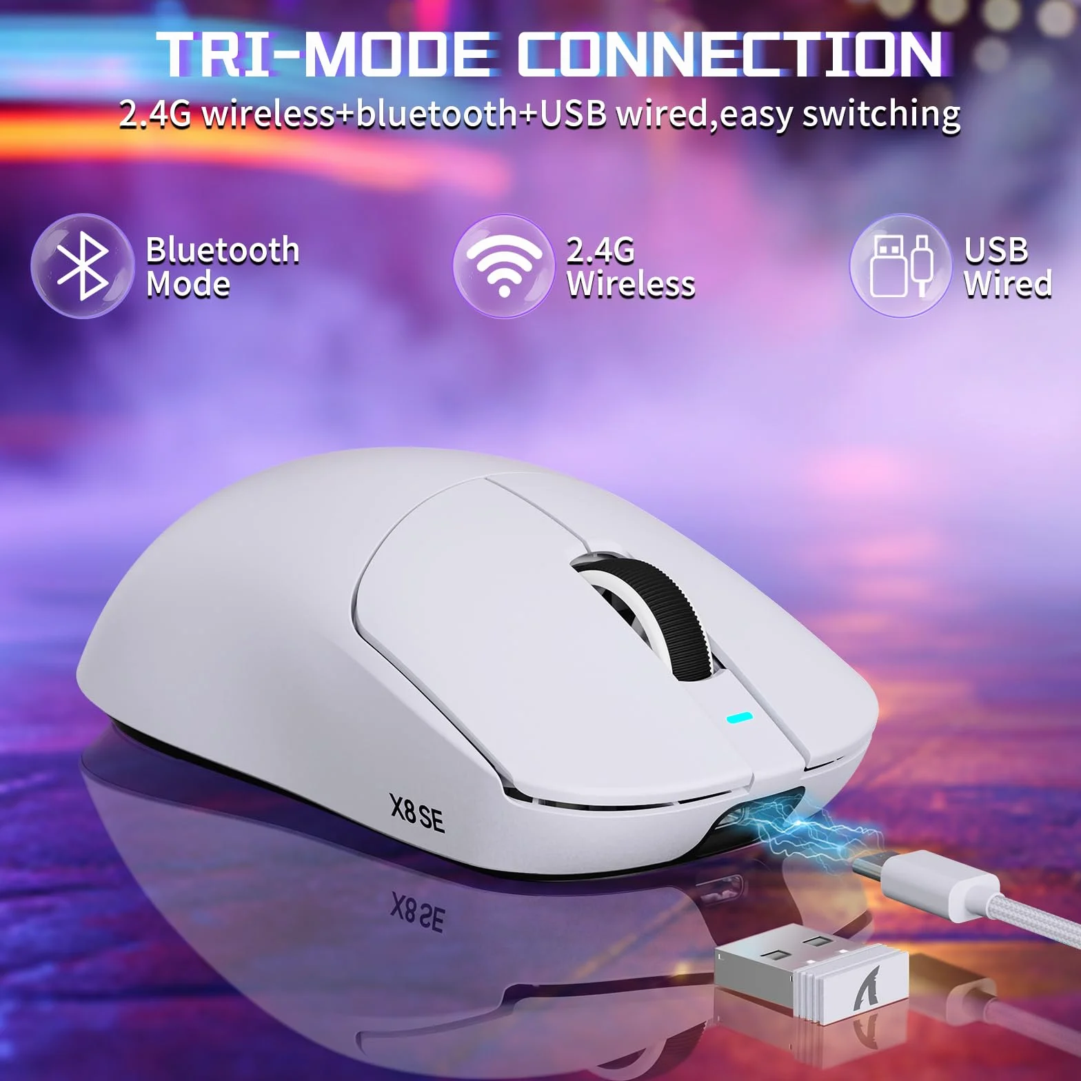 MAMBASNAKE X ATTACK SHARK X8SE Ultralekka bezprzewodowa mysz gamingowa 55g 25000DPI PixArt PAW3311 BT 2.4G USB-C Biała