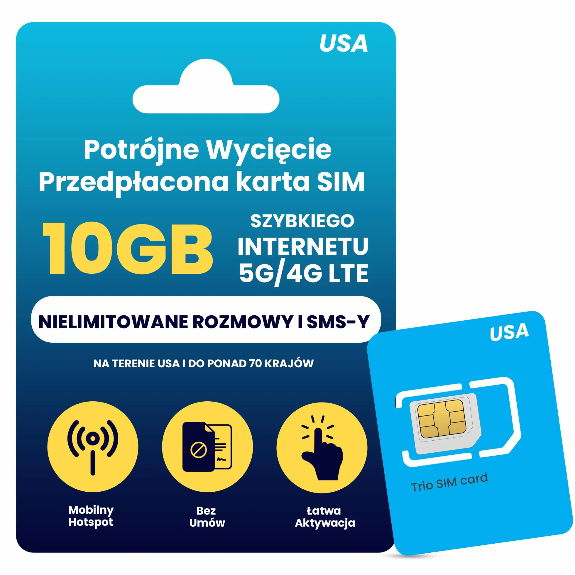 H2O Wireless Przedpłacona Fizyczna Karta SIM USA na 30 Dni - 10GB Szybkiego Internetu 4G LTE/5G + 5GB Hotspotu, Nielimitowane Dane, Rozmowy i SMS-y do Ponad 70 Krajów, Karta SIM do Telefonu