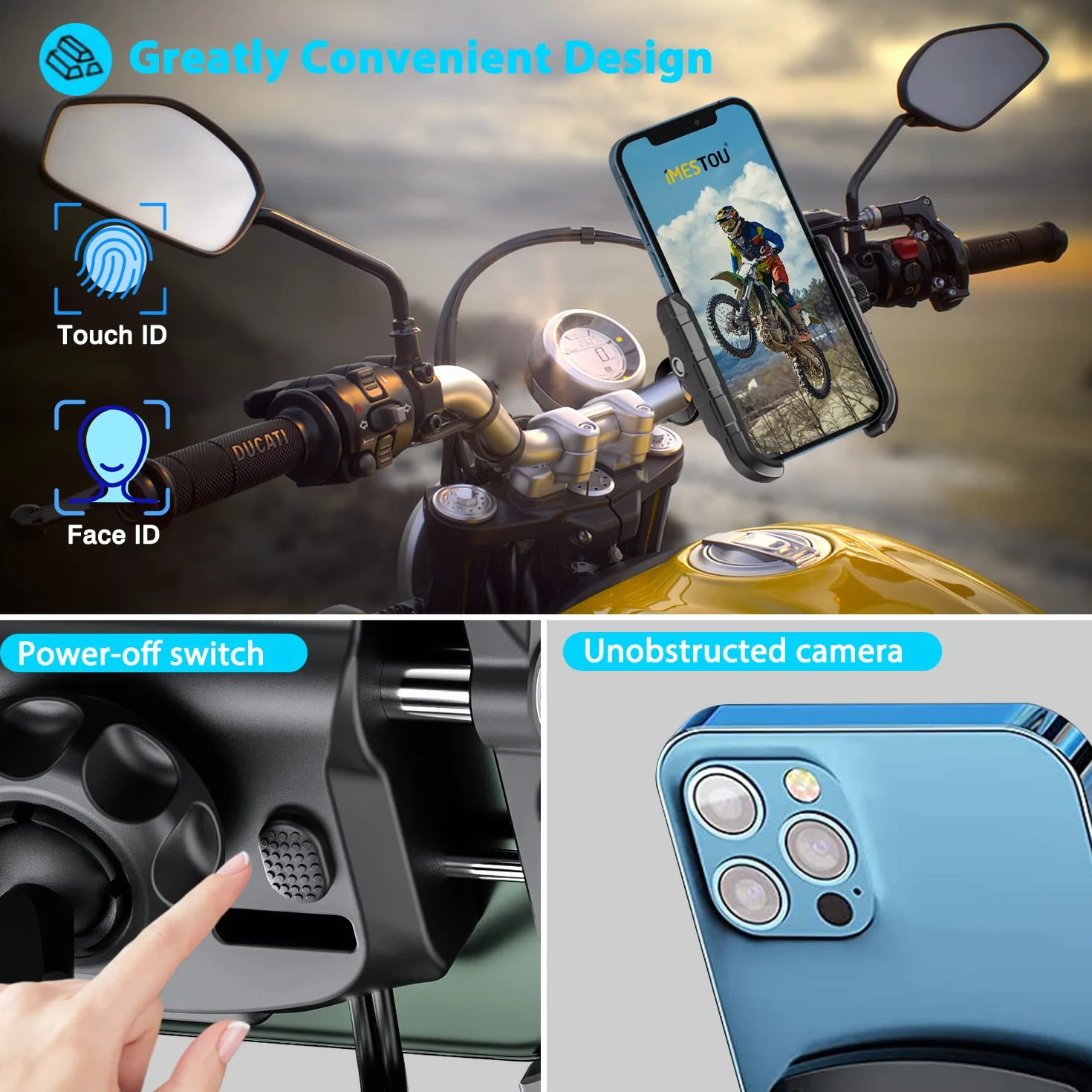 iMESTOU Uchwyt motocyklowy do telefonu Ładowarka z portem ładowania Quick Charge USB3.0, uchwyt na kierownicę/lusterko wsteczne Uchwyt mobilny obracany o 360° dla smartfonów 3,5"-6,8"