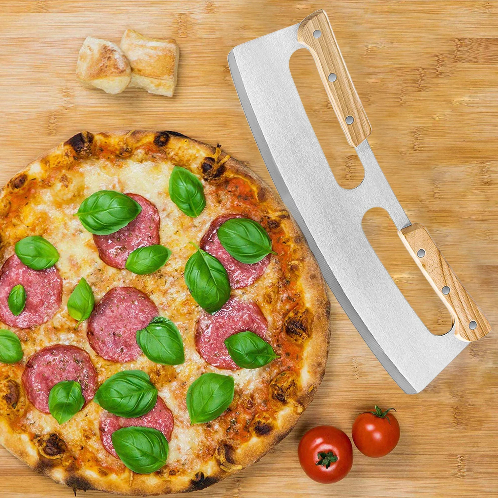 Nóż do pizzy bujany ze stali nierdzewnej 35cm z drewnianą rączką i pokrowcem ochronnym