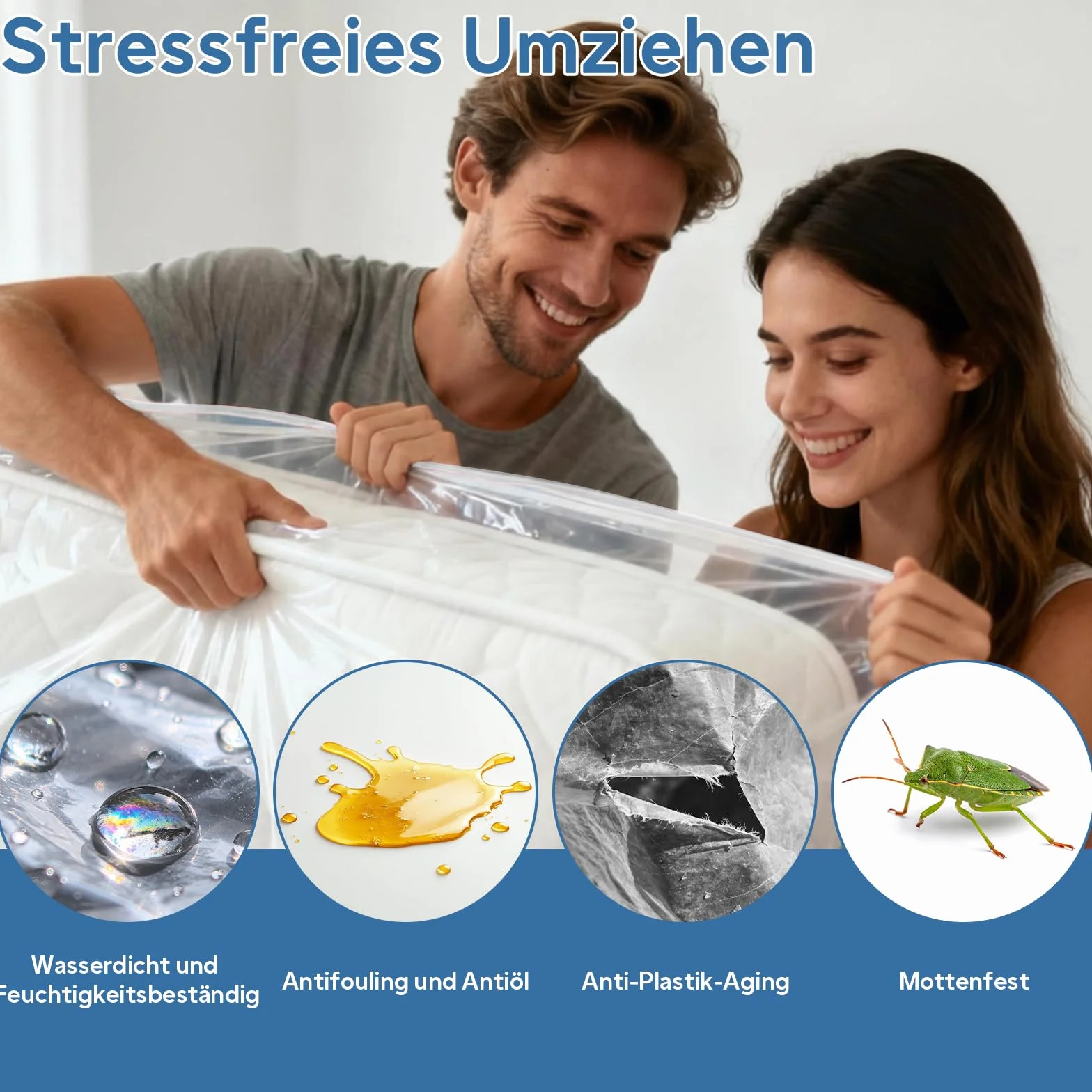 Pokrowiec na materac 180 x 200 cm, worek ochronny na materac do przeprowadzki i przechowywania, torba na materac z zamkiem błyskawicznym – wodoszczelna, odporna na rozerwanie, wielokrotnego użytku