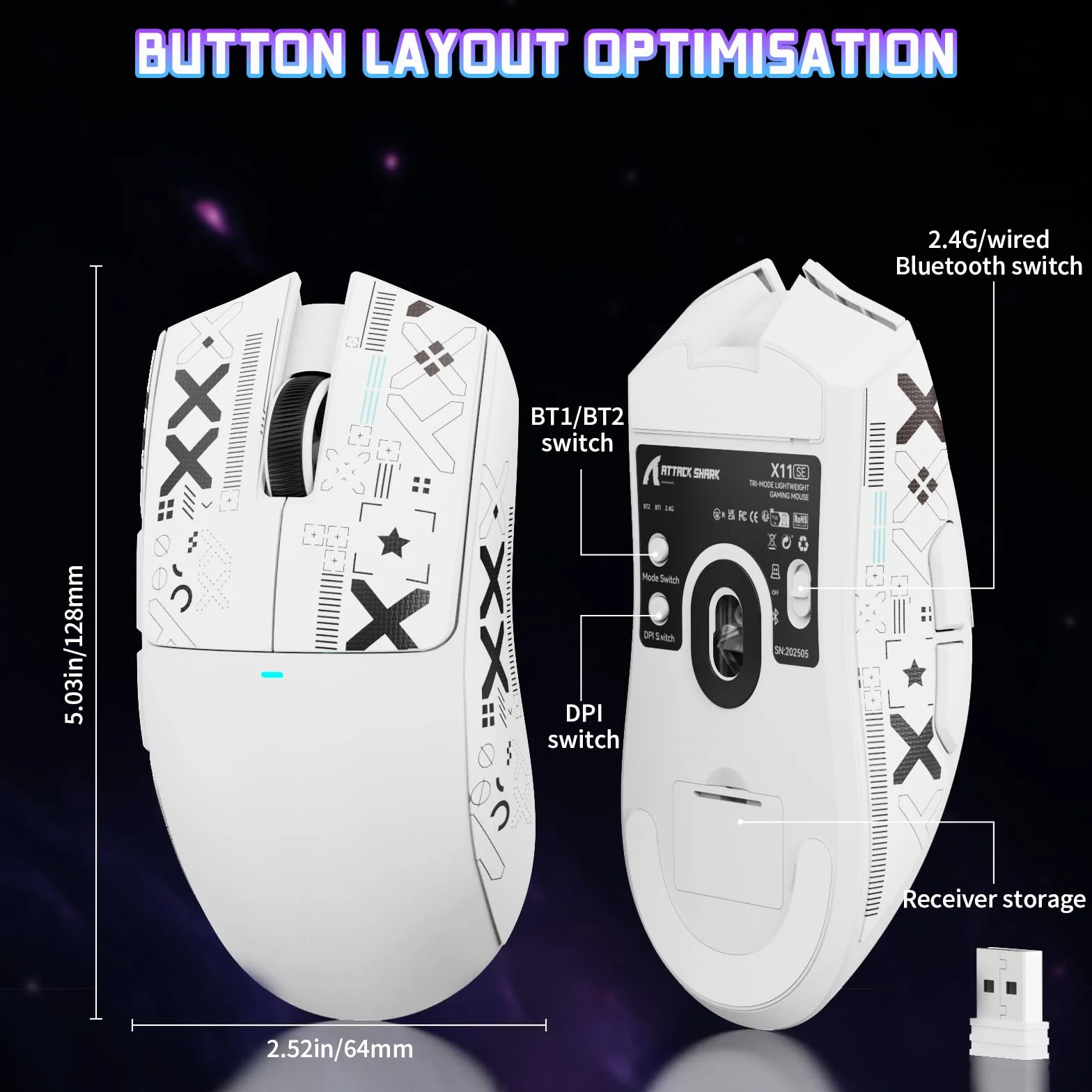 ATTACK SHARK X11SE Bezprzewodowa Mysz do Gier, 63g, PixArt PAW3311, 22000 DPI, BT/2,4 GHz/Przewodowy, 1000Hz, 300mAh, Biały