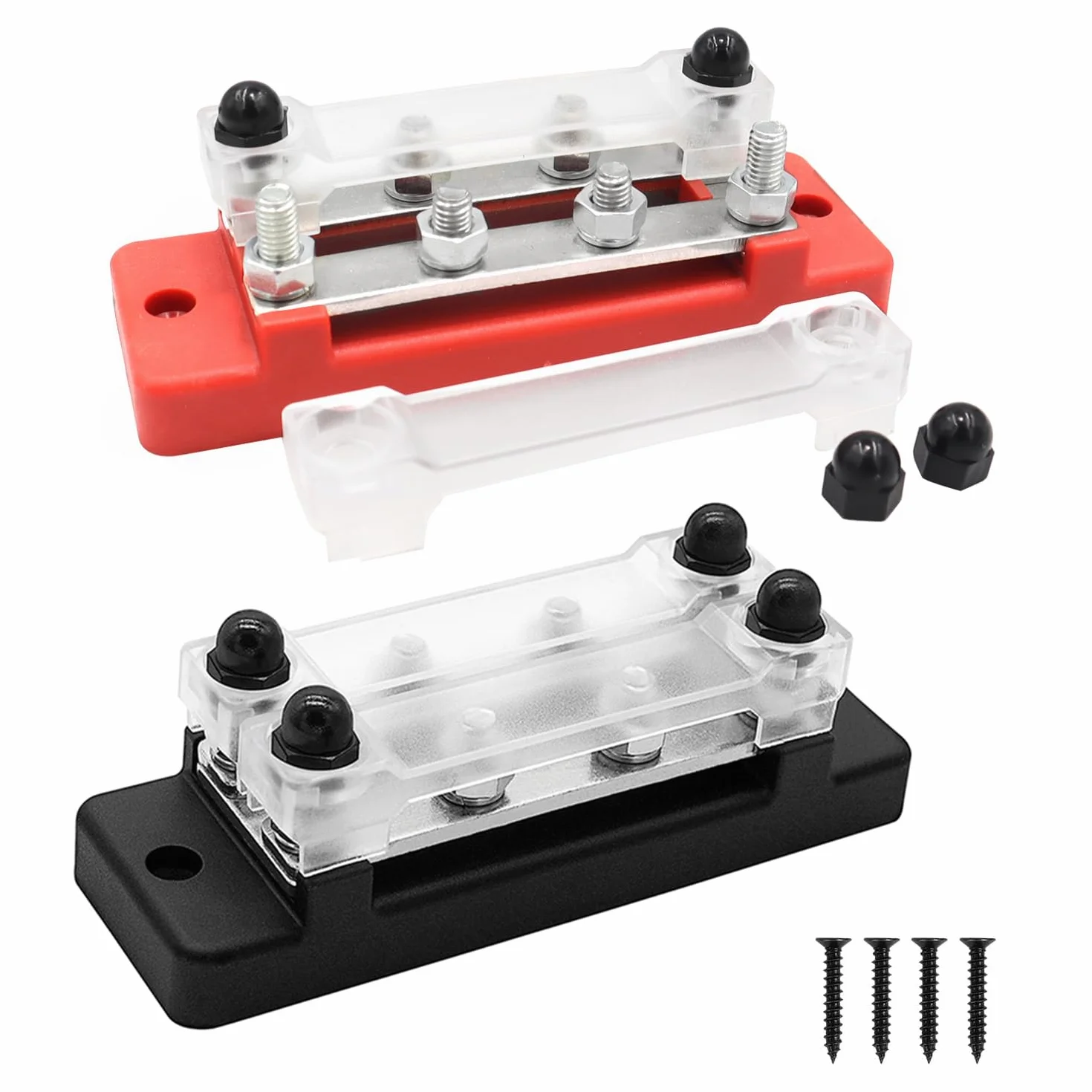 2 sztuki 12 V-48 V DC blok rozdzielający, z 4 śrubami, długość 12 cm, czerwony i czarny, z 8 bolcami przyłączeniowymi M6, do samochodu, kampera i łodzi