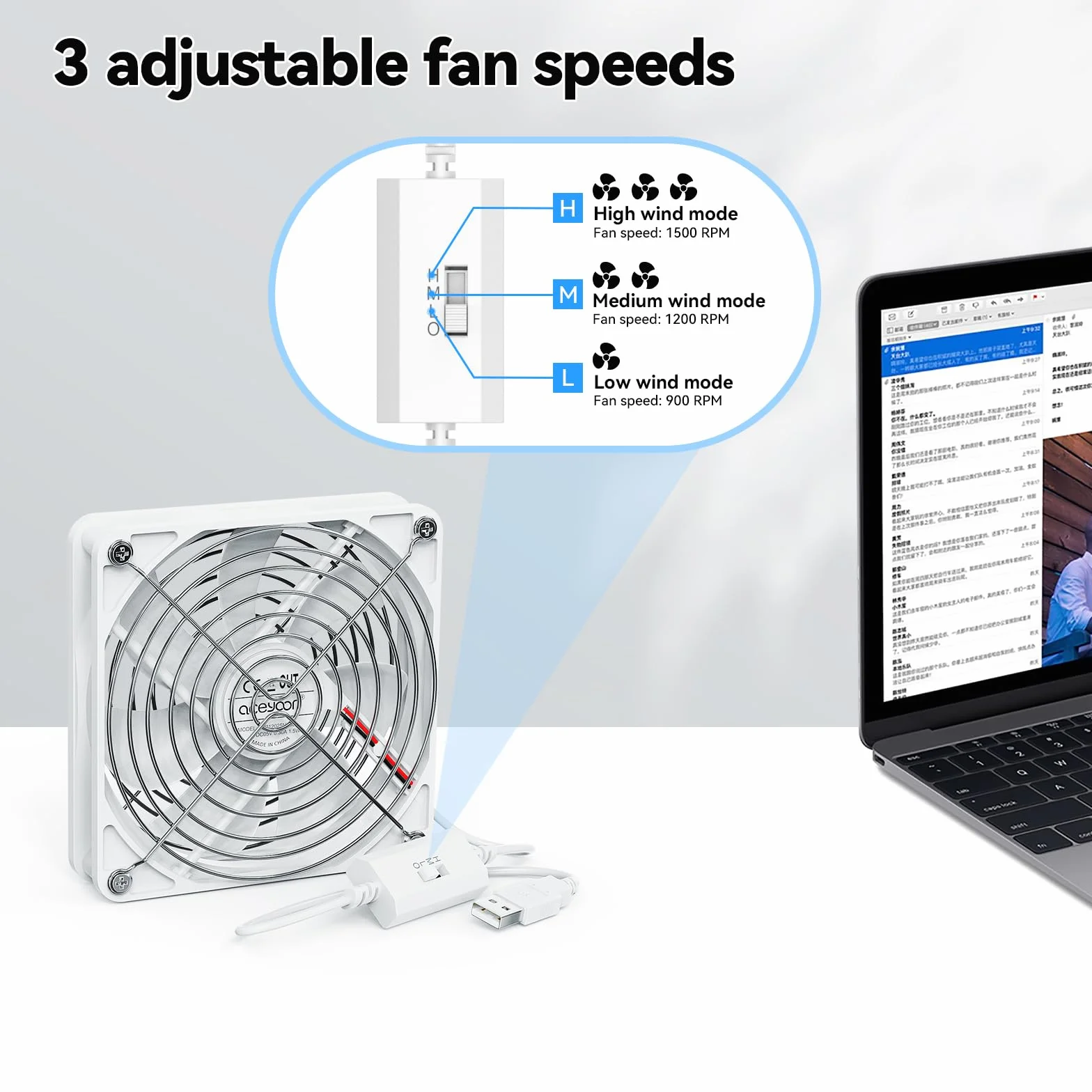 aceyoon Wentylator komputerowy 5 V, 140 mm, biały wentylator USB z 3 regulowanymi prędkościami, wentylator USB z metalową kratką, mini wentylator CPU, chłodnica z metalową kratką, kompatybilny z PS5