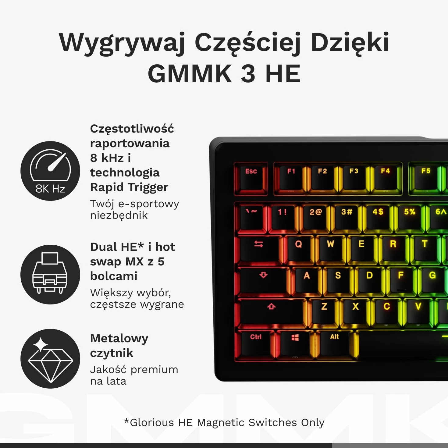 Glorious Gaming GMMK 3 HE klawiatura mechaniczna 75% Rapid Trigger Hall Effect 8K polling hot swap uszczelka angielski QWERTY czarna