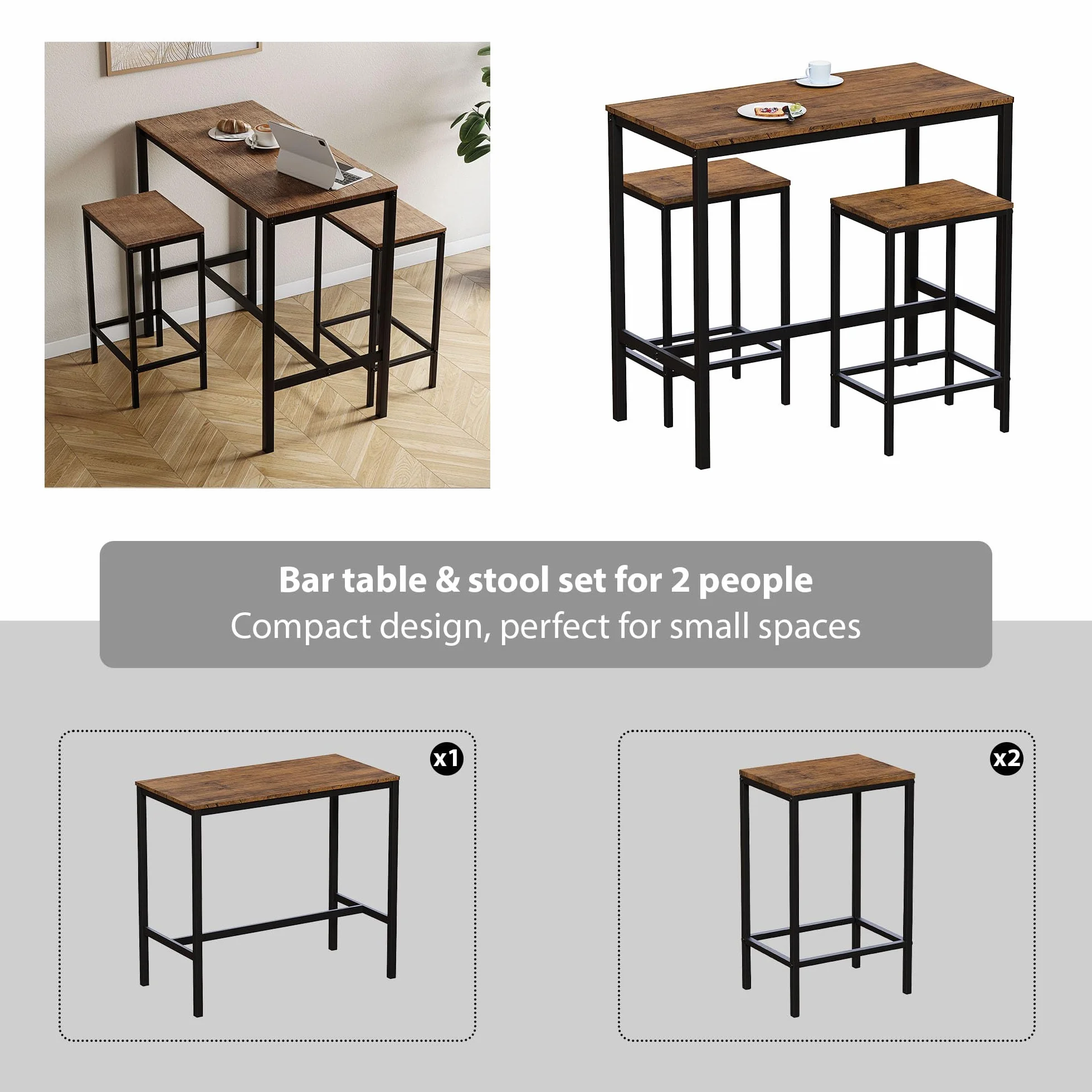 Vida Designs Roslyn 2-osobowy stół barowy z 2 stołkami barowymi, rama ze stali przemysłowej (ciemne drewno)