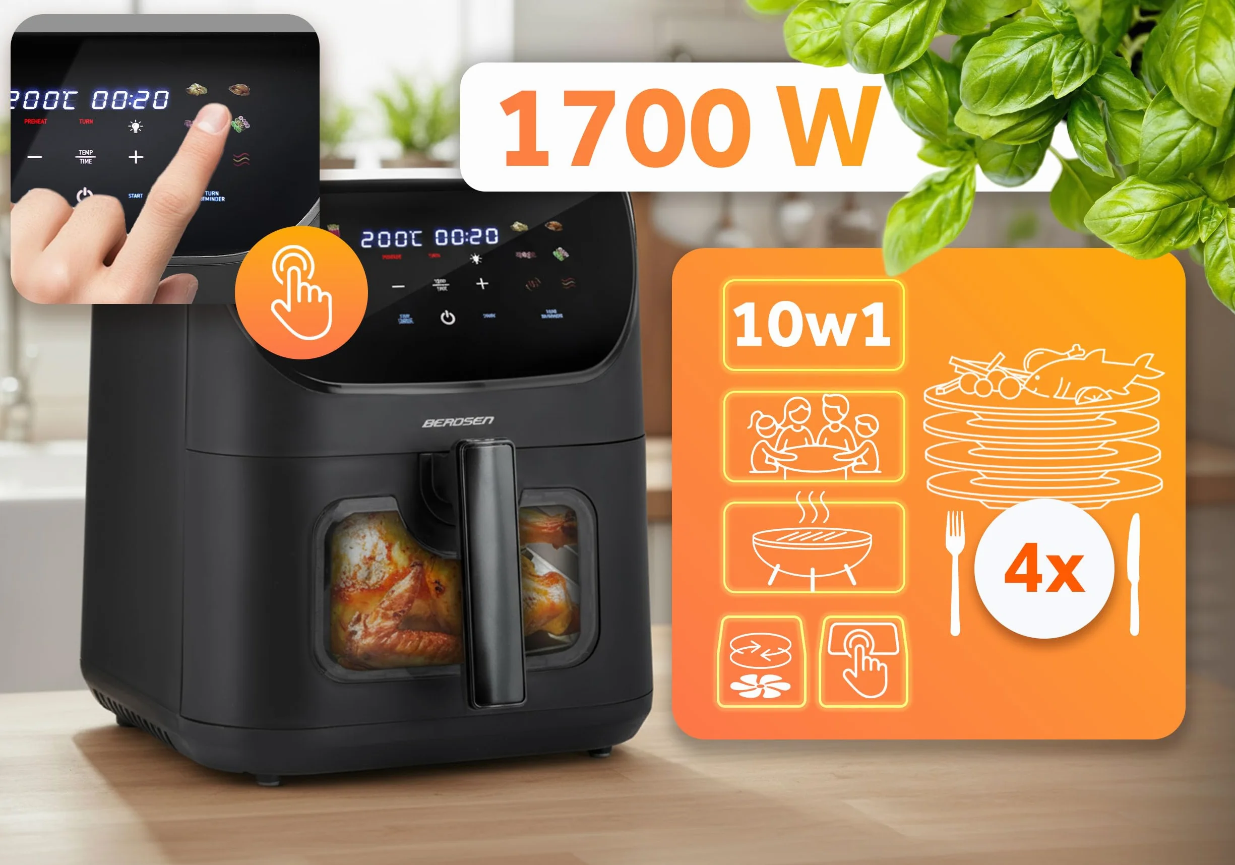 Berdsen Frytkownica Beztłuszczowa XXL 8L Airfryer z Okienkiem Ekranem Dotykowym 1700W 12 Programów Czarna