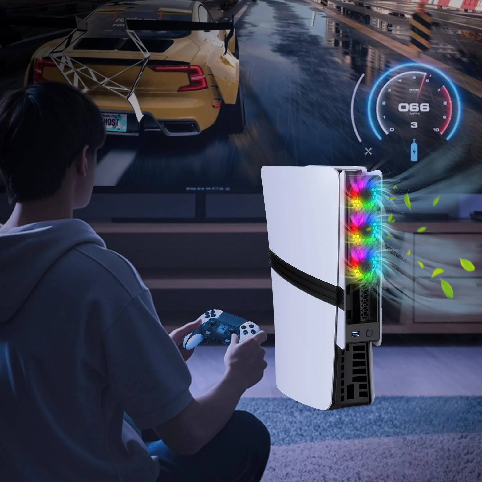 Wentylator chłodzący do konsoli PS5 Pro/Slim - szybkie chłodzenie z automatyczną regulacją temperatury, niski poziom hałasu, oświetlenie RGB i port USB 3.0 dla graczy i entuzjastów konsol,