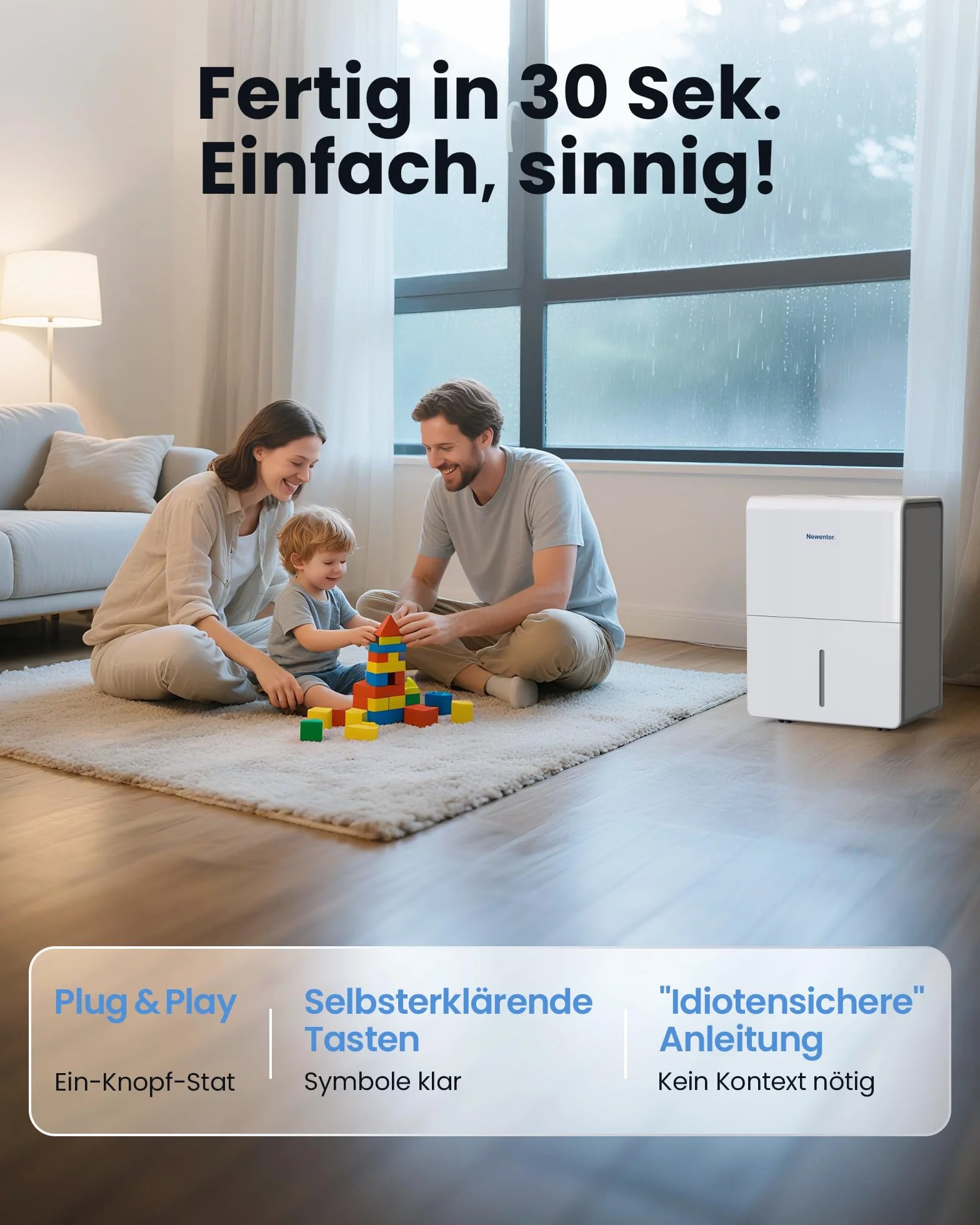 Newentor Osuszacz powietrza 25 l/24 h, do pomieszczeń 215 m³/80 m² – 3-krotna redukcja hałasu – energooszczędny chip – łatwa obsługa – z wężem odpływowym 1 m i zdejmowanym filtrem, timer