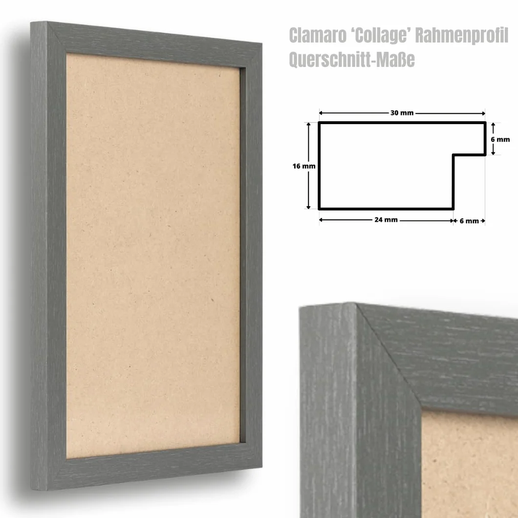 Clamaro 'COLLAGE' rama do obrazu 52x88 wykonana r?cznie na wymiar | Stalowoszary | nowoczesna prostok?tna rama do obrazów z p?yty MDF z szybk? ze szk?a akrylowego, ?ciank? tyln? i zawieszk?