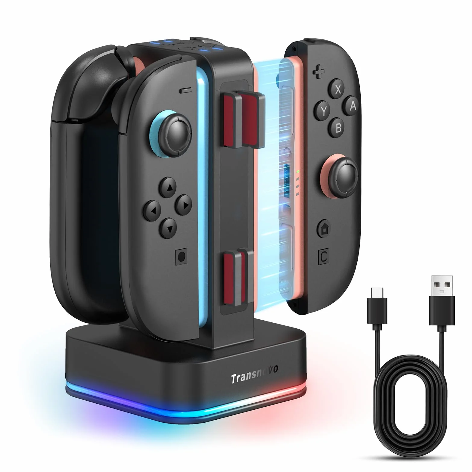 TRANSNOVO Stacja ladujaca kontrolera do Nintendo Switch, 4-gniazdnawa z wskaznikami LED, 9 trybow RGB, 8 gniazd do kart gier, jednoczesne ladowanie