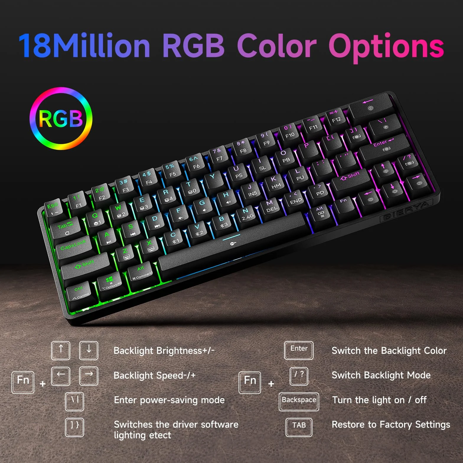 Dierya DK63 Gaming Klawiatura,60% Bezprzewodowa Klawiatura Mechaniczna z Bluetooth/2.4G/Type-C,Kompaktowa 63-Klawiszowa z Anti-Ghosting,RGB Podświetleniem,Layout US (Czarny, Red Linear Switch)