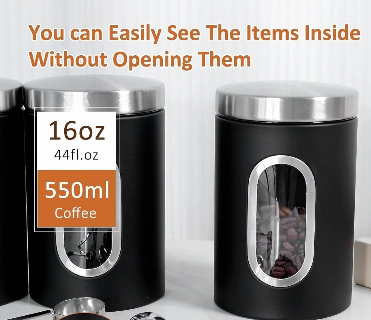 Sugar Shaker,Sugar Container,Sugar Dispenser,Coffee Tea Sugar Container Set,Airtight Coffee Canister Stainless Steel Food Storage Canisters with See Window Practical Canister Set