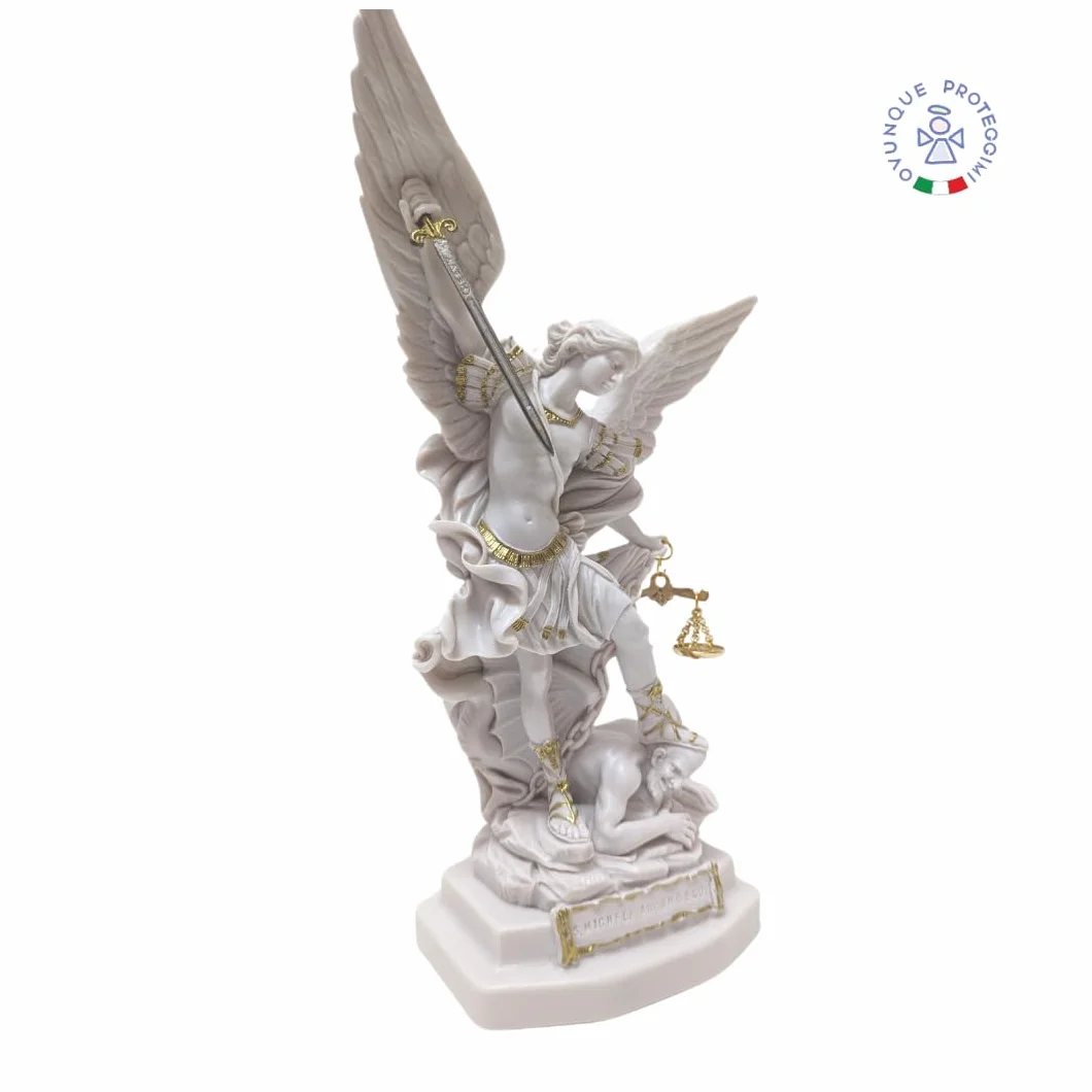 Statua Świętego Michała Archanioła Biały Marmur Proszek z Mieczem i Bilansem 22 cm
