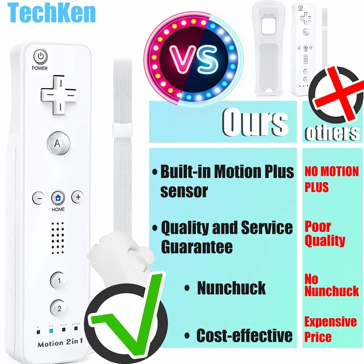 TechKen Zestaw 2 szt. Wii Remote Plus z Motion Plus i Nunchuck - Kontroler Zamiennik do Wii/WiiU