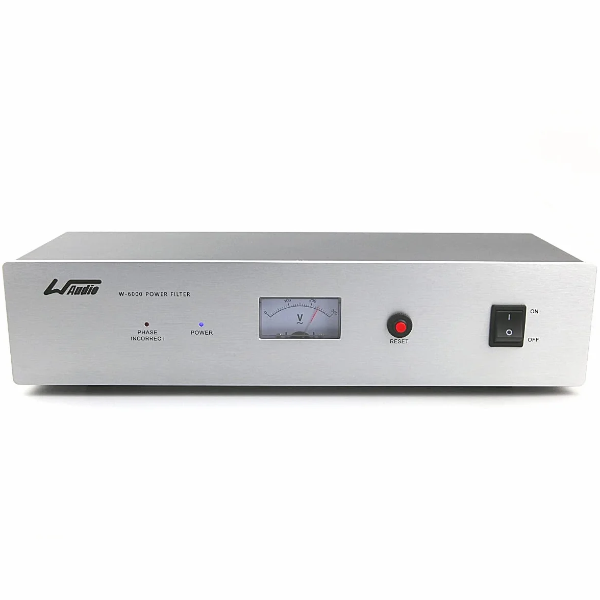 WAudio Filtr liniowy HiFi W-6000S 7 gniazd z miernikiem napięcia, ochroną przed przepięciami i światłem scenicznym (srebrny)