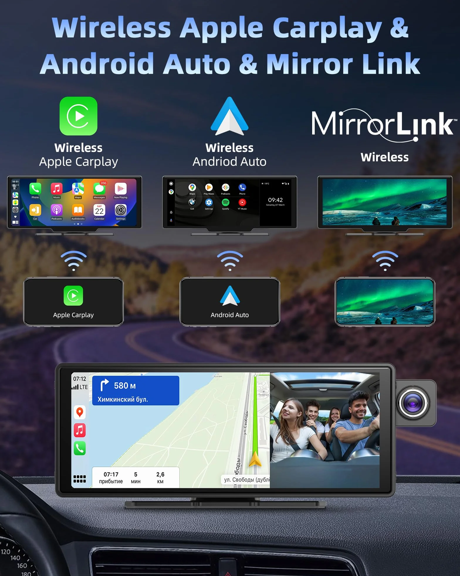 10,26-calowy wyświetlacz Apple Carplay Android Auto z regulowaną kamerą samochodową 2,5K Bezprzewodowy przedni tylny wyświetlacz Driveplay z kamerą cofania Radio samochodowe Carplay z Bluetooth 64G TF