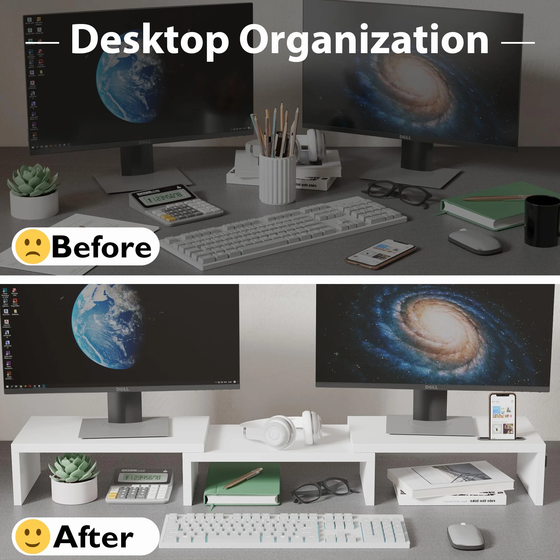 BONTEC Stojak na Podwójny Monitor Riser, Drewniany Biurkowy Stojak z Uchwytem na Smartfon, Regulowana Długość i Kąt Obrotu, Ergonomiczny Organizer na Biurko do PC, Laptopa, Drukarki, Biały