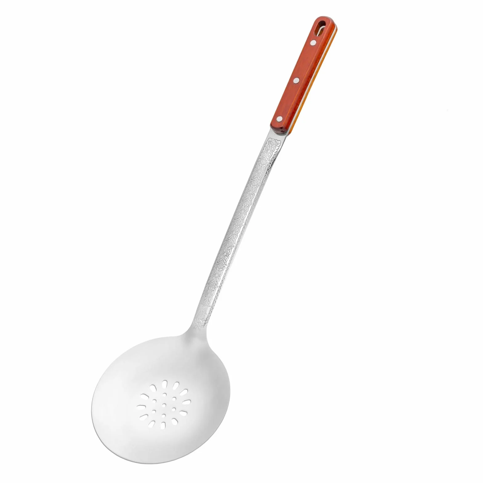 Kazan łyżka cedzakowa zestaw 44 cm 43 cm 47 cm drewniany uchwyt zdobione ornamenty