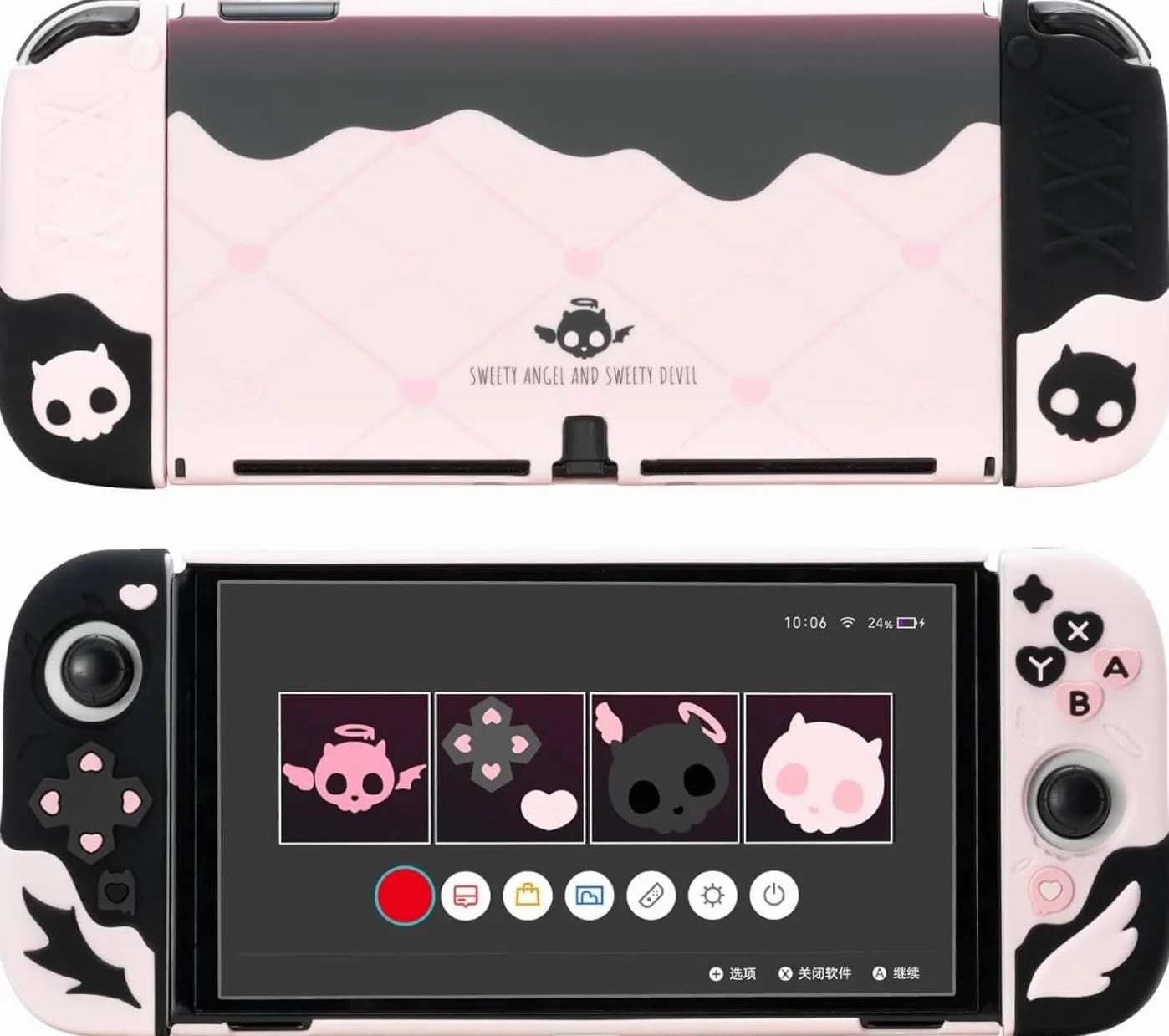 Etui ochronne GeekShare do Switch OLED, smukłe etui, oddzielna miękka silikonowa powłoka ochronna do Joycon z 2 nakładkami na kciuki - czaszka Sweetheart