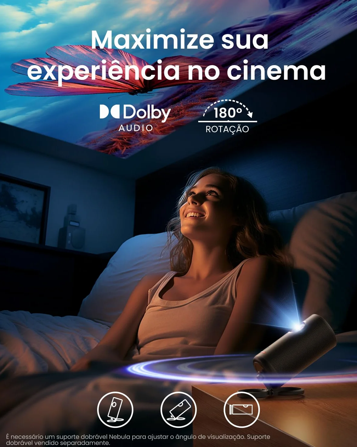 Nebula Capsule3 mini projektor, inteligentny projektor, 1080p, Wi-Fi, 200 ANSI lumenów, przenośny projektor, z GTV, Netflix, Dolby Digital, obraz 120", wbudowany akumulator, czas odtwarzania 2,5