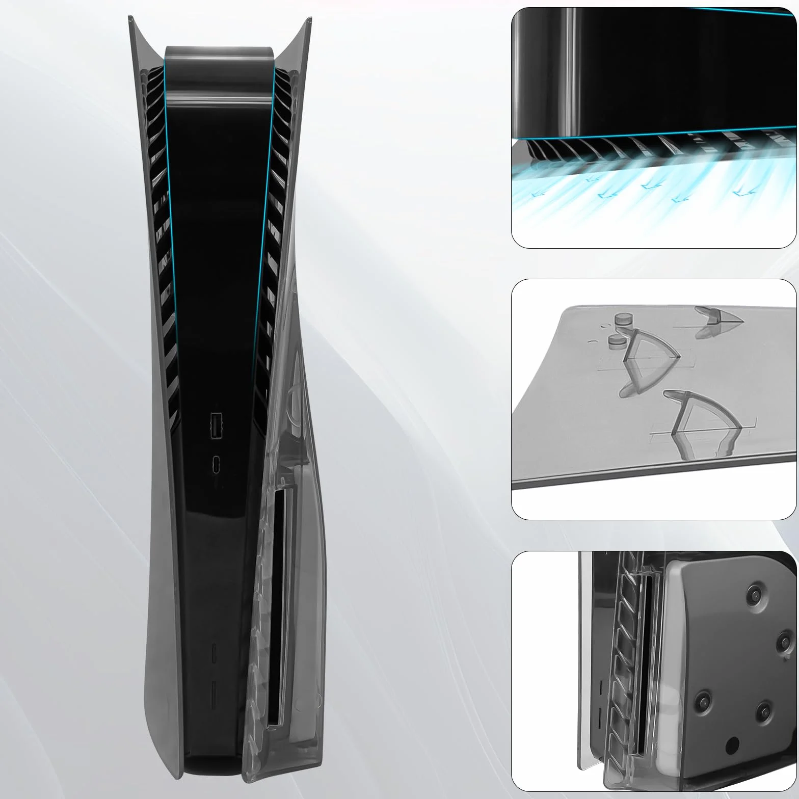Geekria Przezroczyste płytki ochronne kompatybilne z konsolą PS5, PlayStation 5 w wersji Disc Edition, twarde, odporne na wstrząsy panele boczne ABS, wymienne akcesoria do gier (czarne)