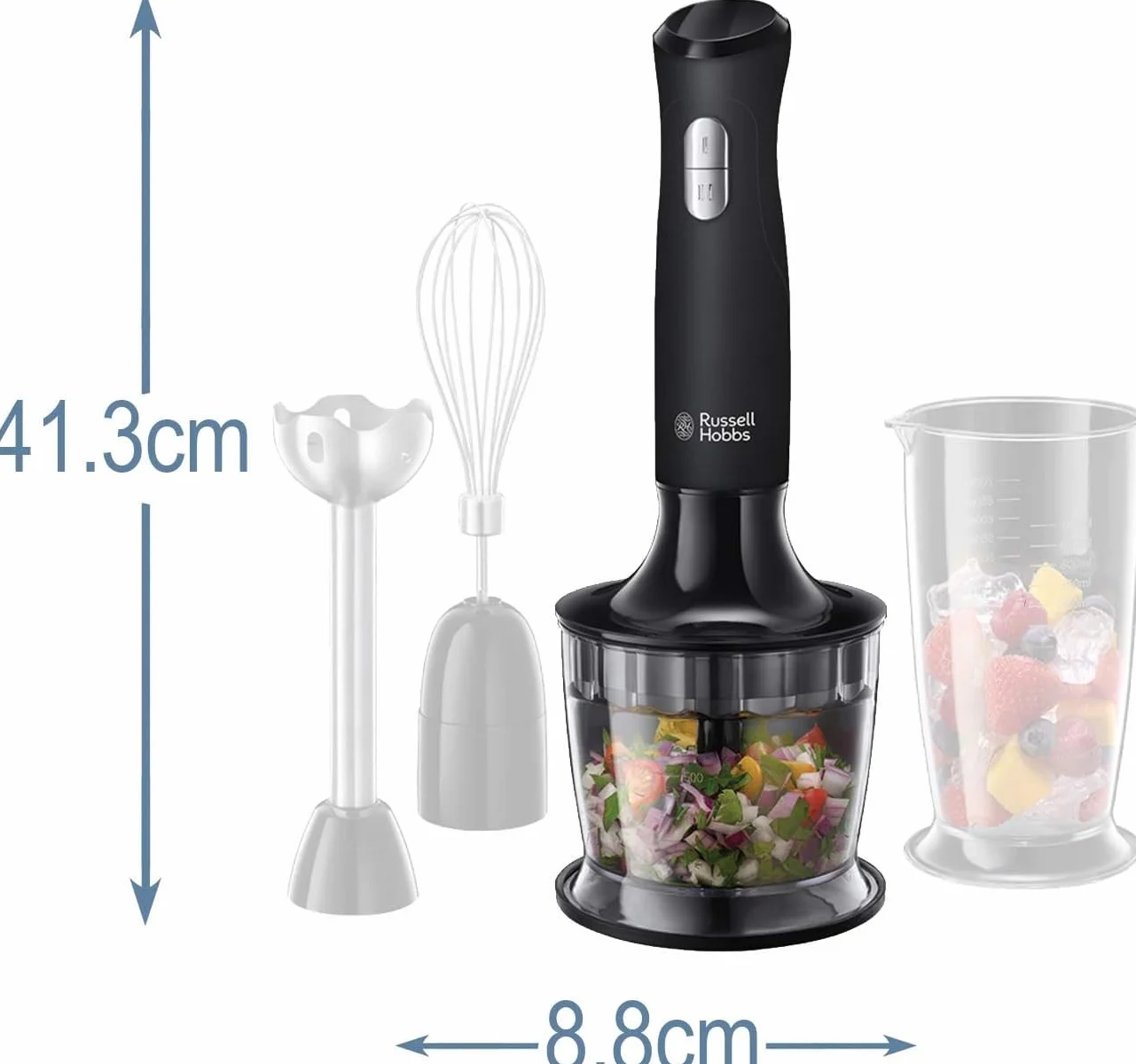 Russell Hobbs blender ręczny, 3w1, nasadka miksująca, pojemnik z ostrzem miksującym, pojemność pojemników 0,5l i 0,7l, ubijanie, mieszanie, moc 500W, czarny, Matte Black 24702-56