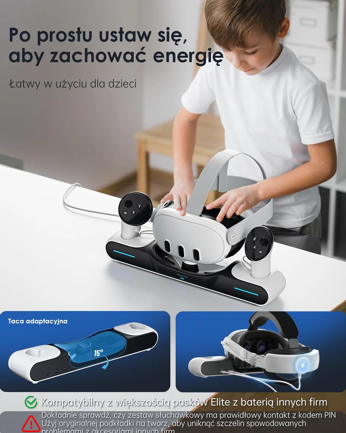 Stacja ładowania Quest 3 z drop-in charging headsets i kontrolerami akcesoria z 2 akumulatorami