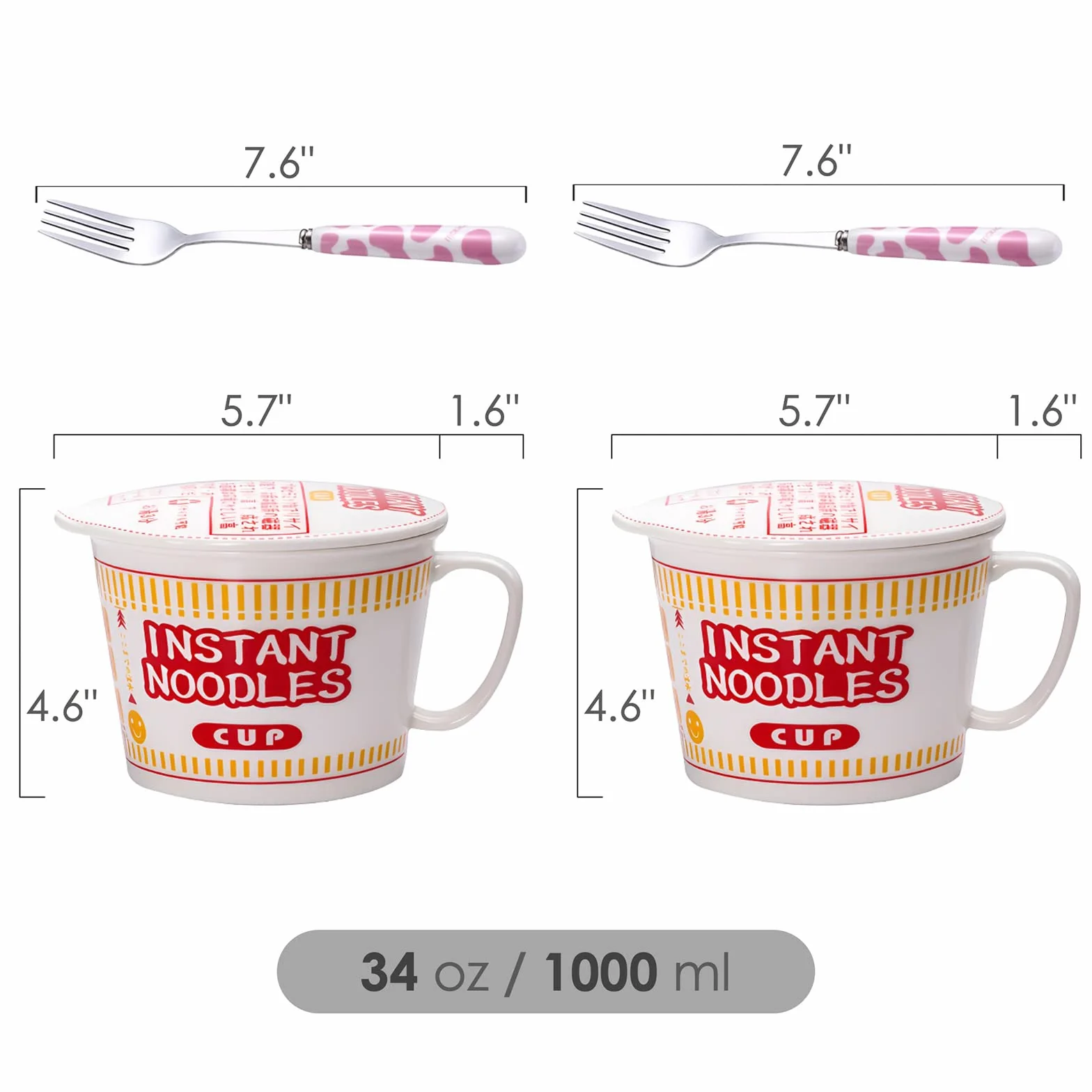 Ceramiczna miska na makaron 1000 ml z pokrywką, zestaw z widelcem, niebieska