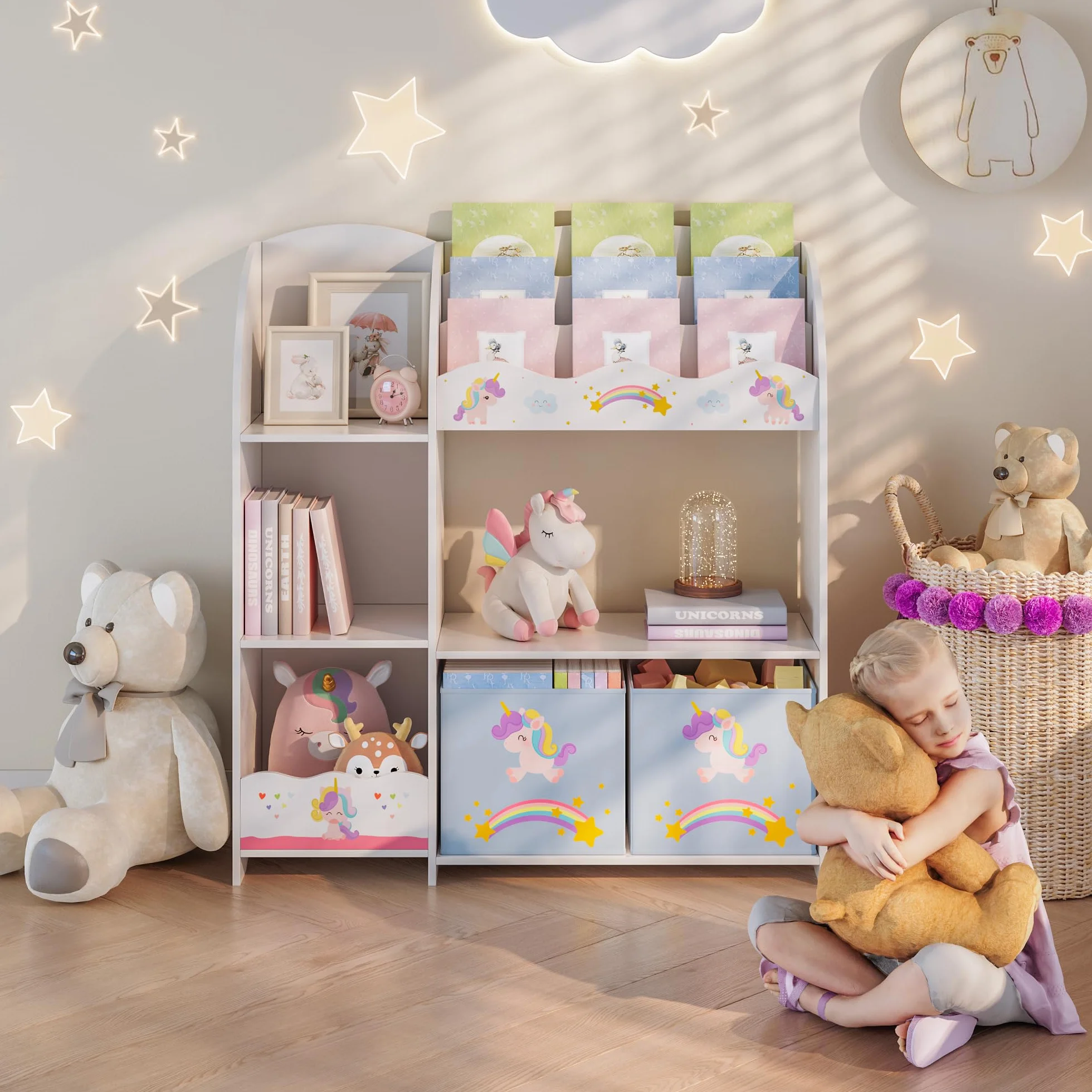 [en.casa] Regał dziecięcy Lysekil regał na książki dla dzieci z 2 pudełkami do przechowywania, regał na zabawki 100 x 93 x 30 cm, przechowywanie zabawek, motyw jednorożca