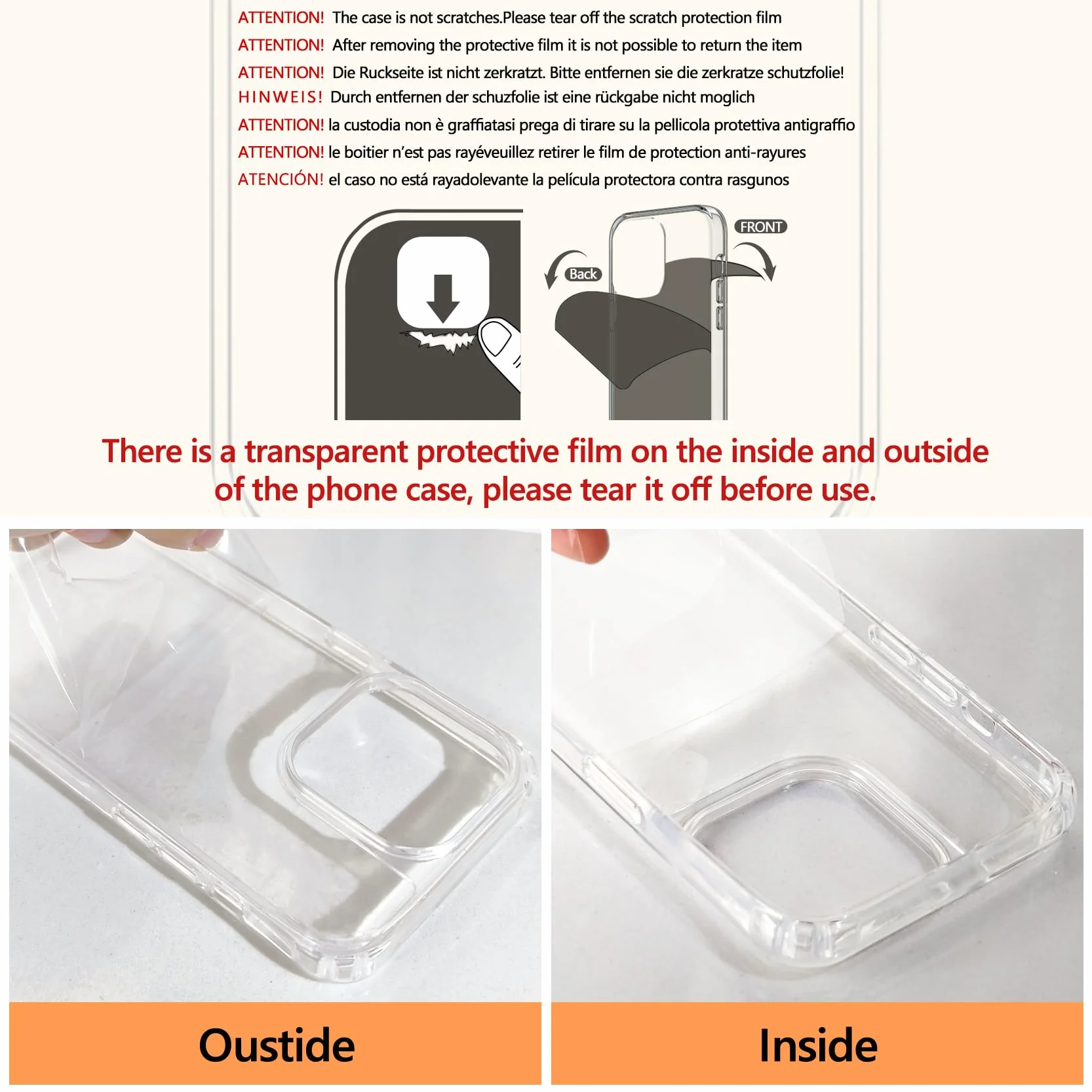DiDaDi Zestaw 4 w 1 ze smyczką na telefon komórkowy iPhone 17 Pro Max, etui z paskiem, przezroczyste, zdejmowane etui ochronne ze smyczą, 2 x szkło pancerne, etui na telefon komórkowy (pomarańczowe)