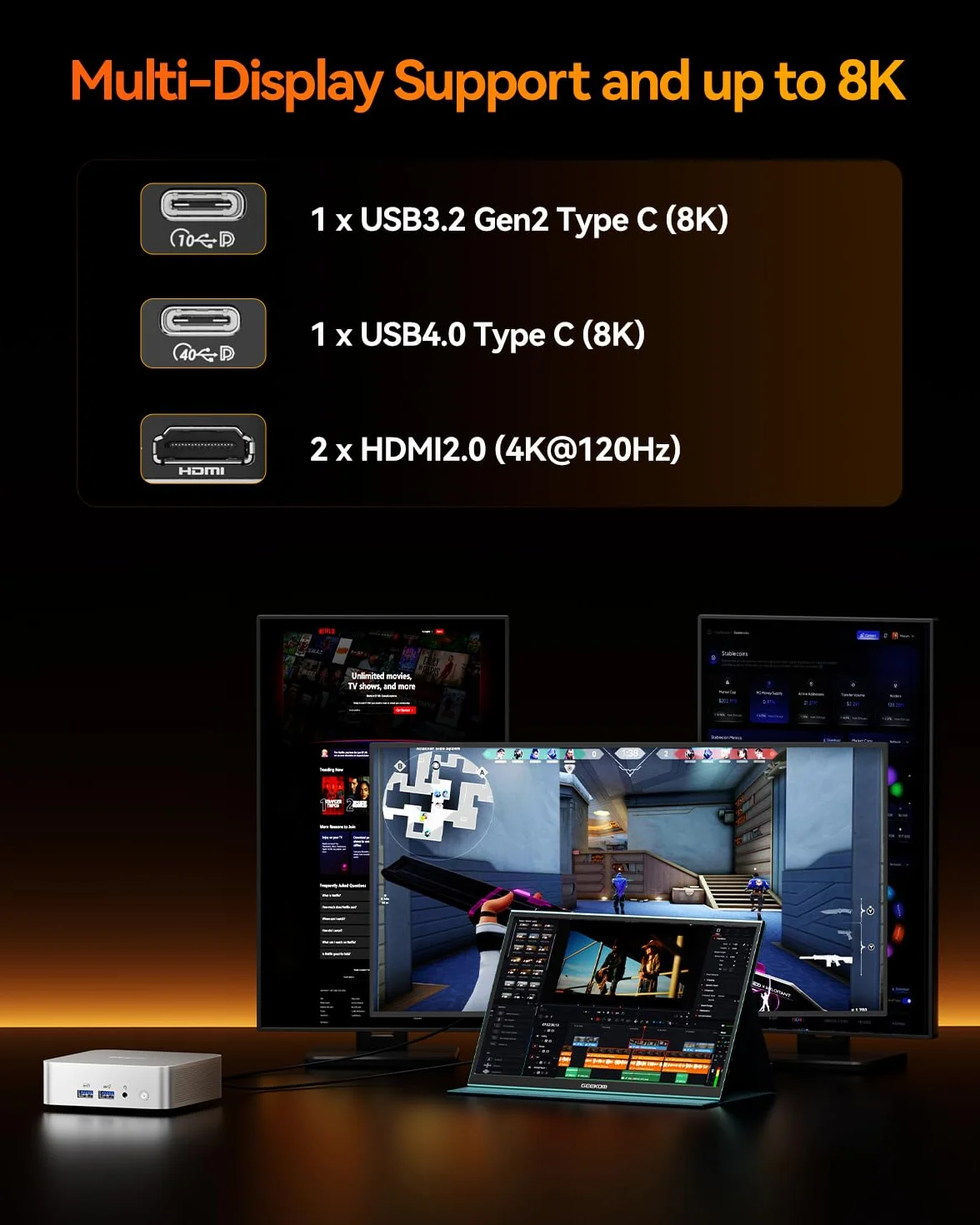 GEEKOM A8 Mini PC Windows 11 Pro, z AMD Ryzen 7 8745HS (do 5,1 GHz), wysoka prędkość 16 GB DDR5 RAM (do 128 GB) i 1 TB SSD, podwójny HDMI 4K przy 120 Hz Quad Display/WiFi 6E/USB4/6×USB do gier