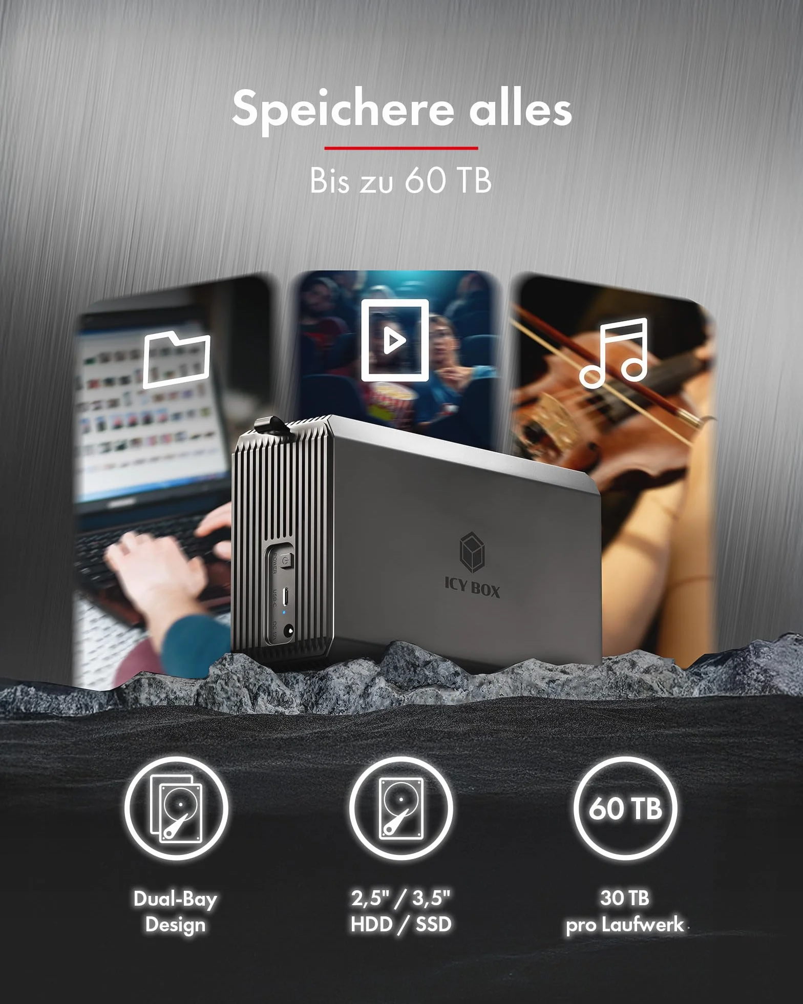 ICY Box (RAID system do 2 × 2,5"/3,5" HDD/SSD) USB 3.2 Gen 1 Type-C 5 Gbit/s, RAID 0/1/SINGLE/LARGE, zintegrowany wentylator 50 mm, wskaźnik stanu LED, IB-RD3720-CU3