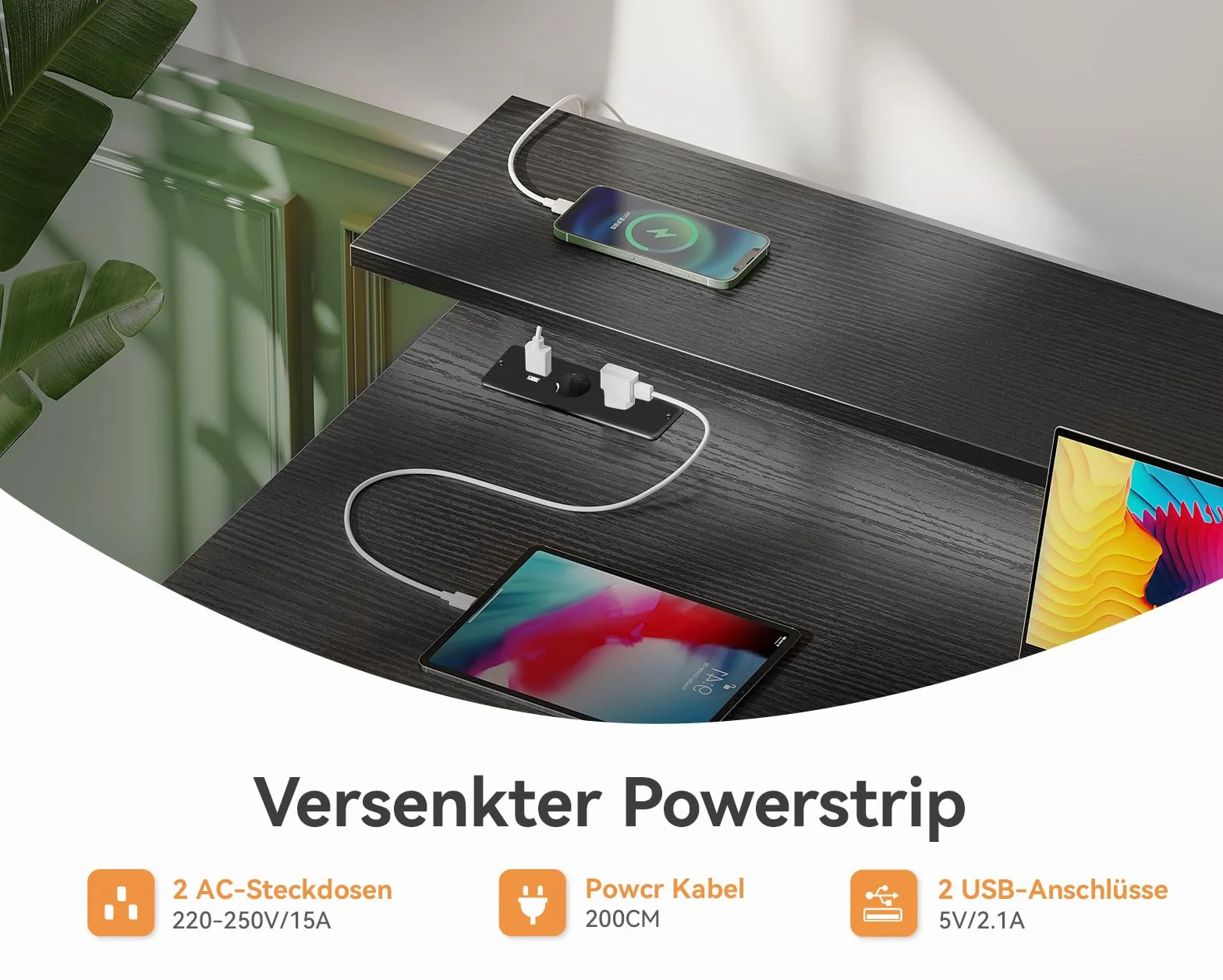 ODK Nowoczesne czarne biurko 140 x 52 x 92 cm, stół konferencyjny z 4 szufladami, port ładowania USB i gniazdo, do domowego biura