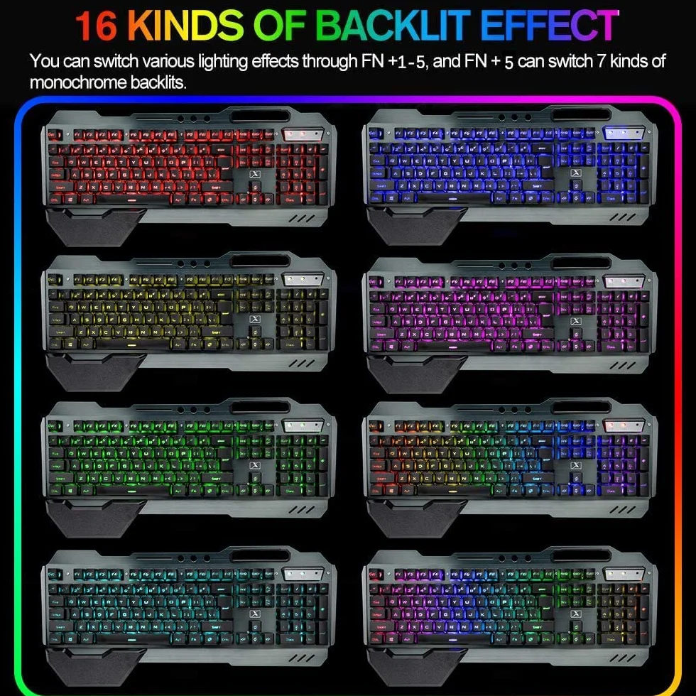 Bezprzewodowa klawiatura do gier, mysz z podświetleniem RGB, ładowalna mysz z baterią 5000 mAh, metalowy panel, zdejmowana podpórka pod rękę, klawiatura mechaniczna i 7 kolorów wyciszona mysz do gier