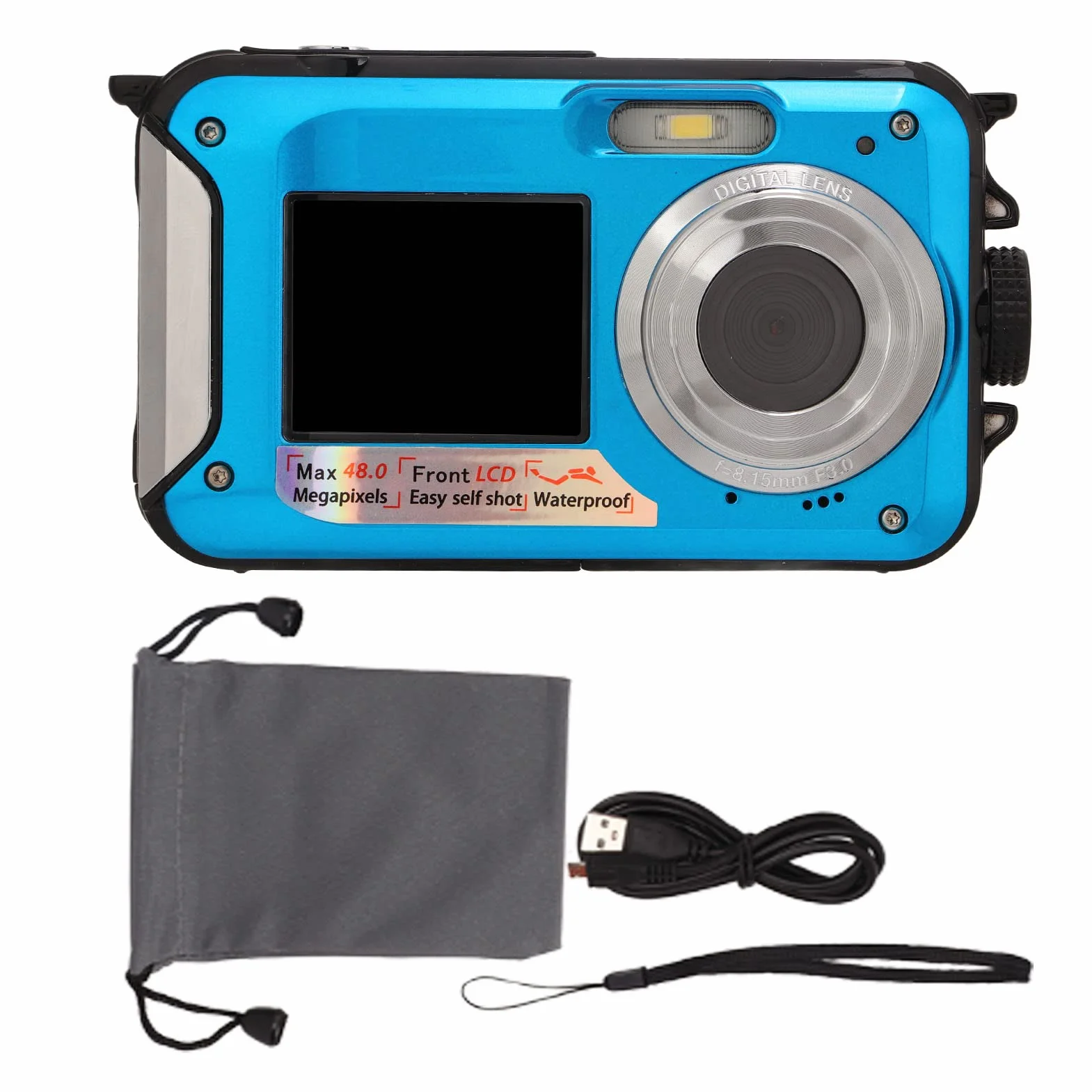 Aparat Podwodny, Wodoodporny Aparat Cyfrowy 2,7 ​​K 48 MP, 10 Stóp, 16-krotny Zoom Cyfrowy, Podwójny Ekran Selfie Podwodny Aparat do Snorkelingu (BLUE)