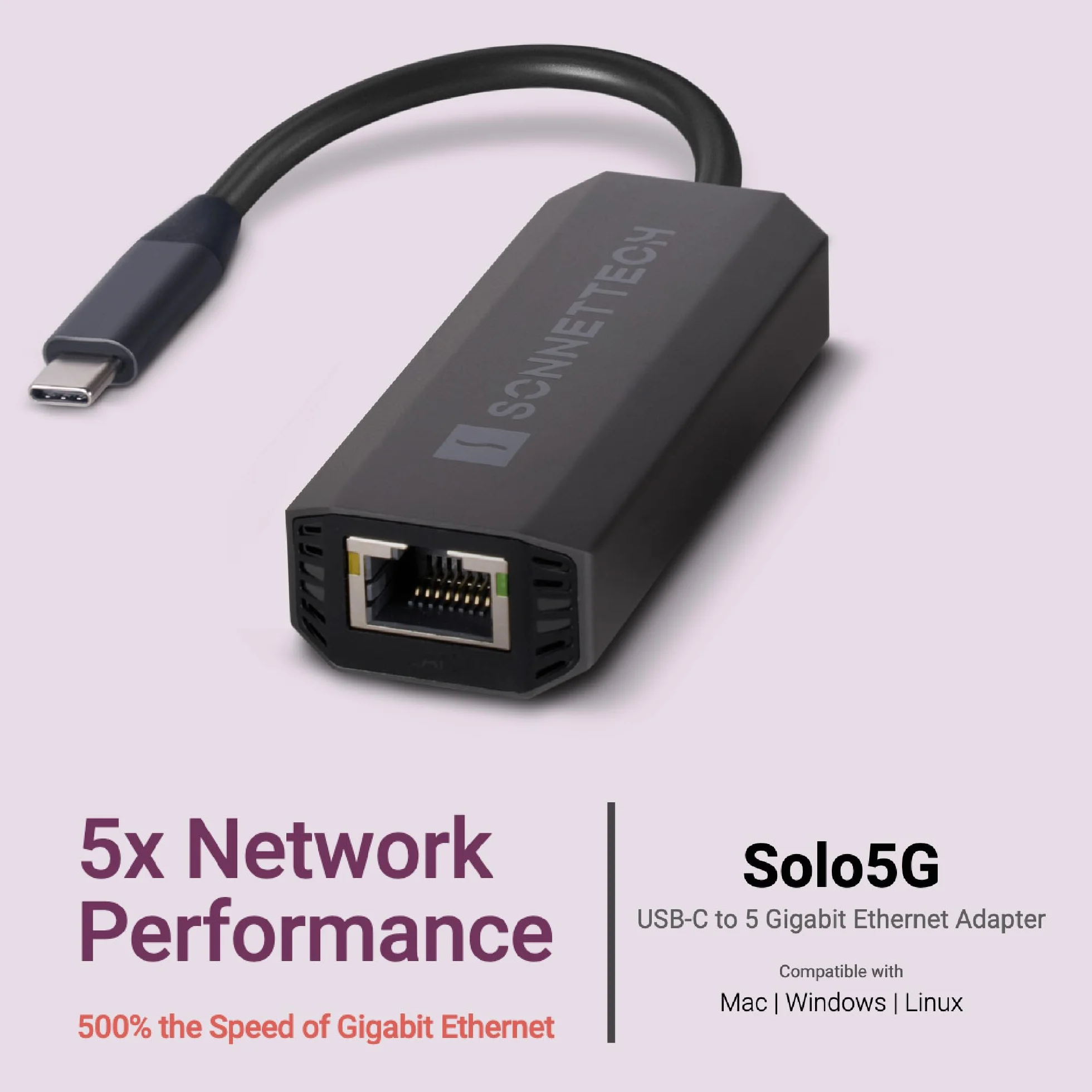 Sonnet Solo5G SFP+ adapter USB-C na 5 GB Ethernet | Kompaktowy, bez wentylatora, Plug and Play, kompatybilny z Mac, Windows, Linux, dla kreatywnych profesjonalistów i szybkich połączeń sieciowych