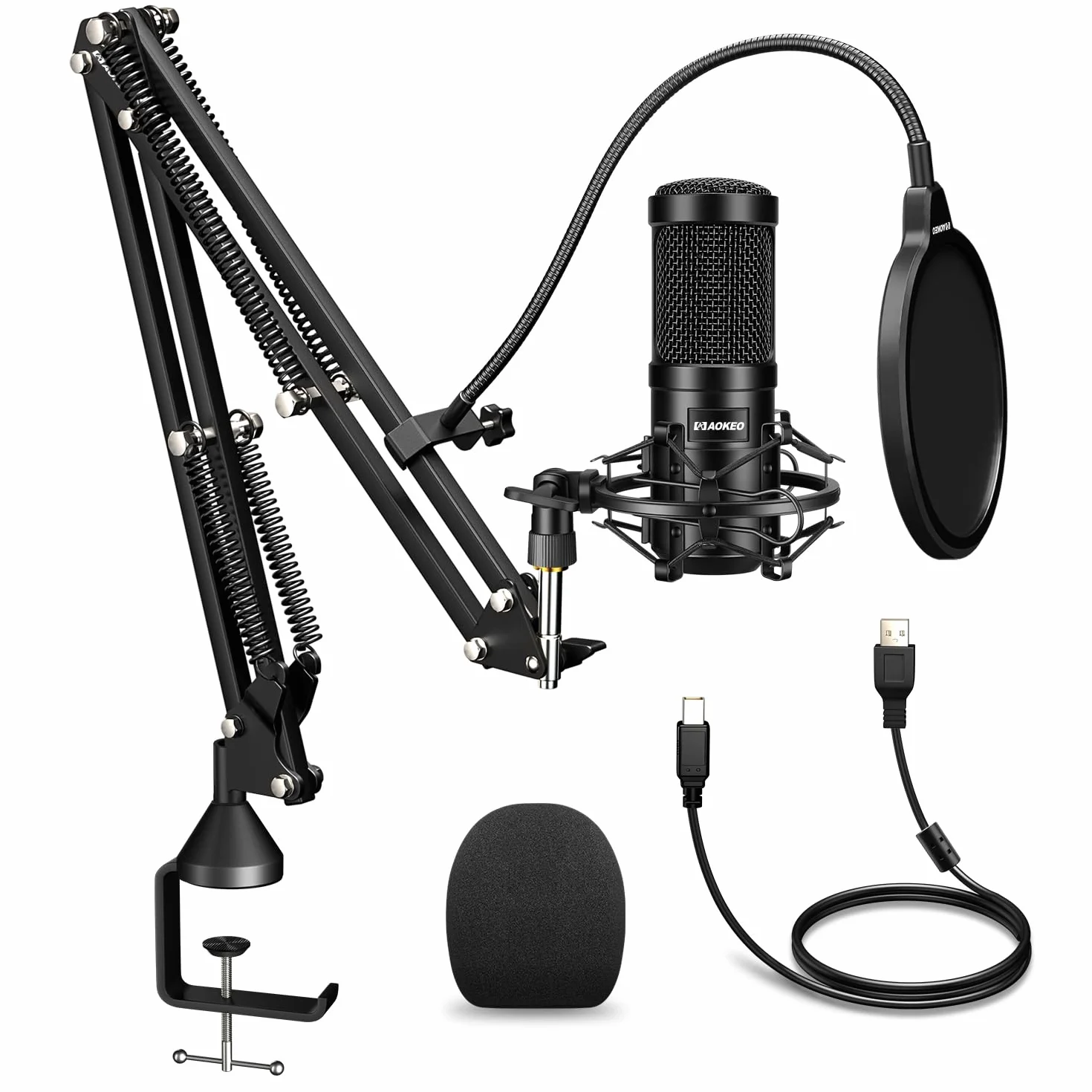 Aokeo AK-60 Mikrofon USB, 192 kHz/24-bit, do gier PC, ze stojakiem na ramię, uchwytem amortyzującym, filtrem pop, osłoną piankową, do podcastów, przesyłania strumieniowego, studia, karaoke, nagrywania
