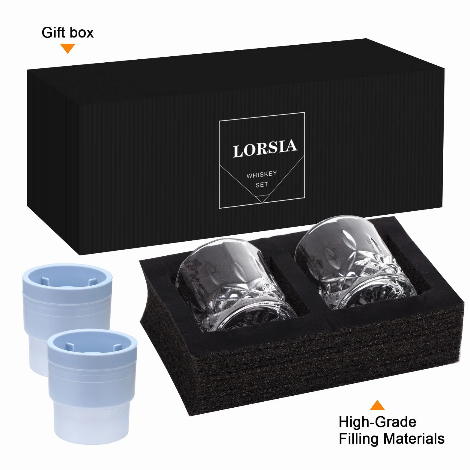 Szklanka do whisky, zestaw 4 szt. (2 kryształowe szklanki, 2 duże foremki do lodów) w pudełku prezentowym – szklanki do whisky 300 ml do szkockiego koktajlu, rumu, koniaku, wódki, likierów, wyjątkowe