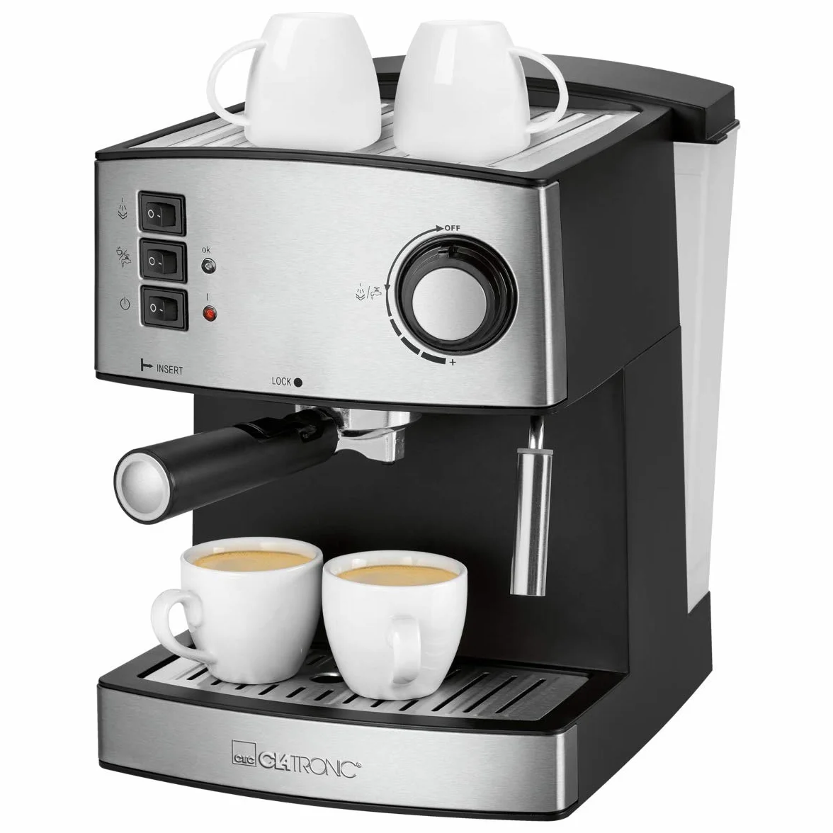 Clatronic ES 3643 ekspres do kawy i cappuccino, front ze stali nierdzewnej, ciśnienie pompy 15 bar, 1,6 litra, funkcja podgrzewania filiżanek, obrotowa dysza pary ze stali nierdzewnej z funkcją spieniania i gorącej wody